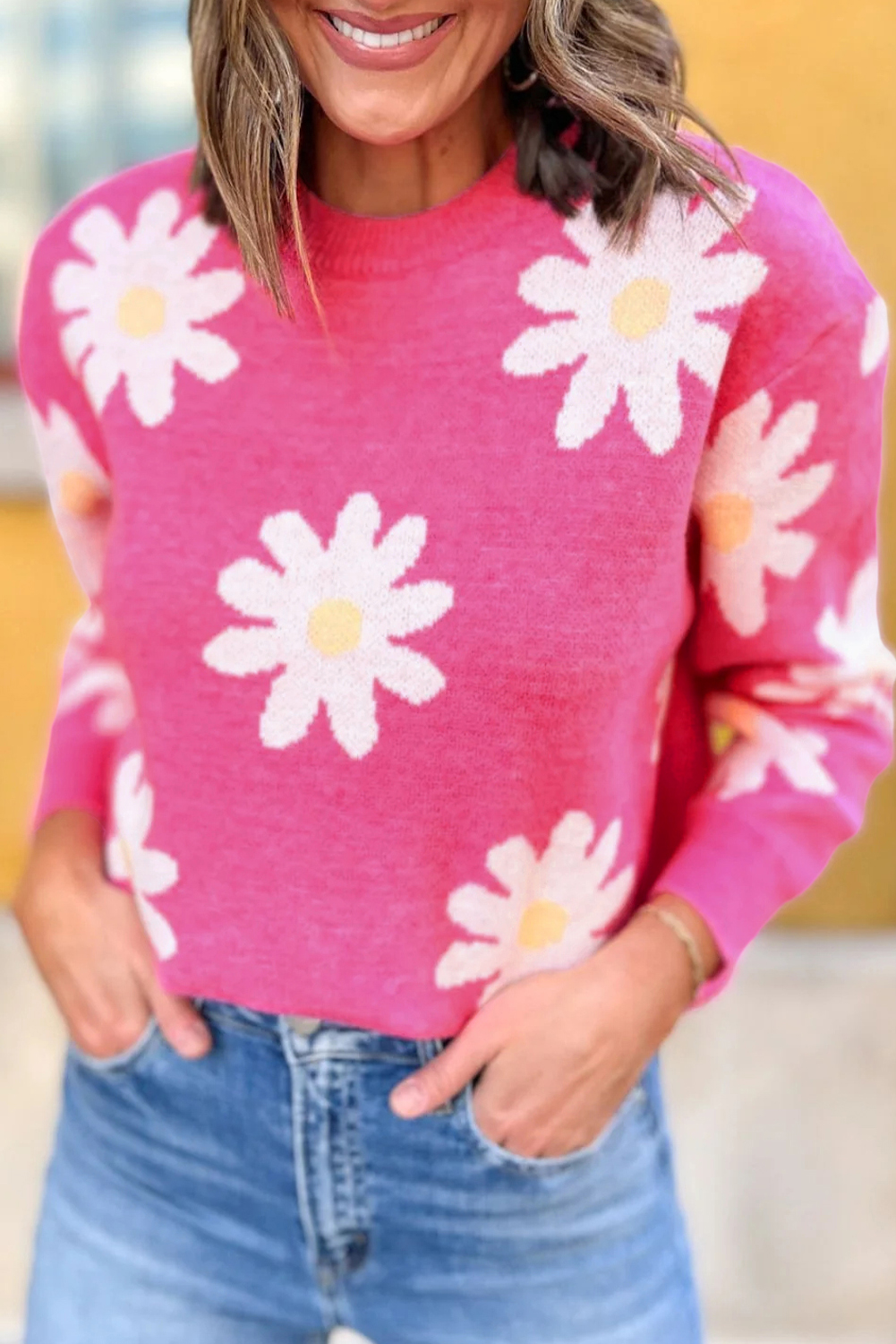 Bright Pink Daisy Flower Crew Neck Long Sleeve Sweater - loveforevers