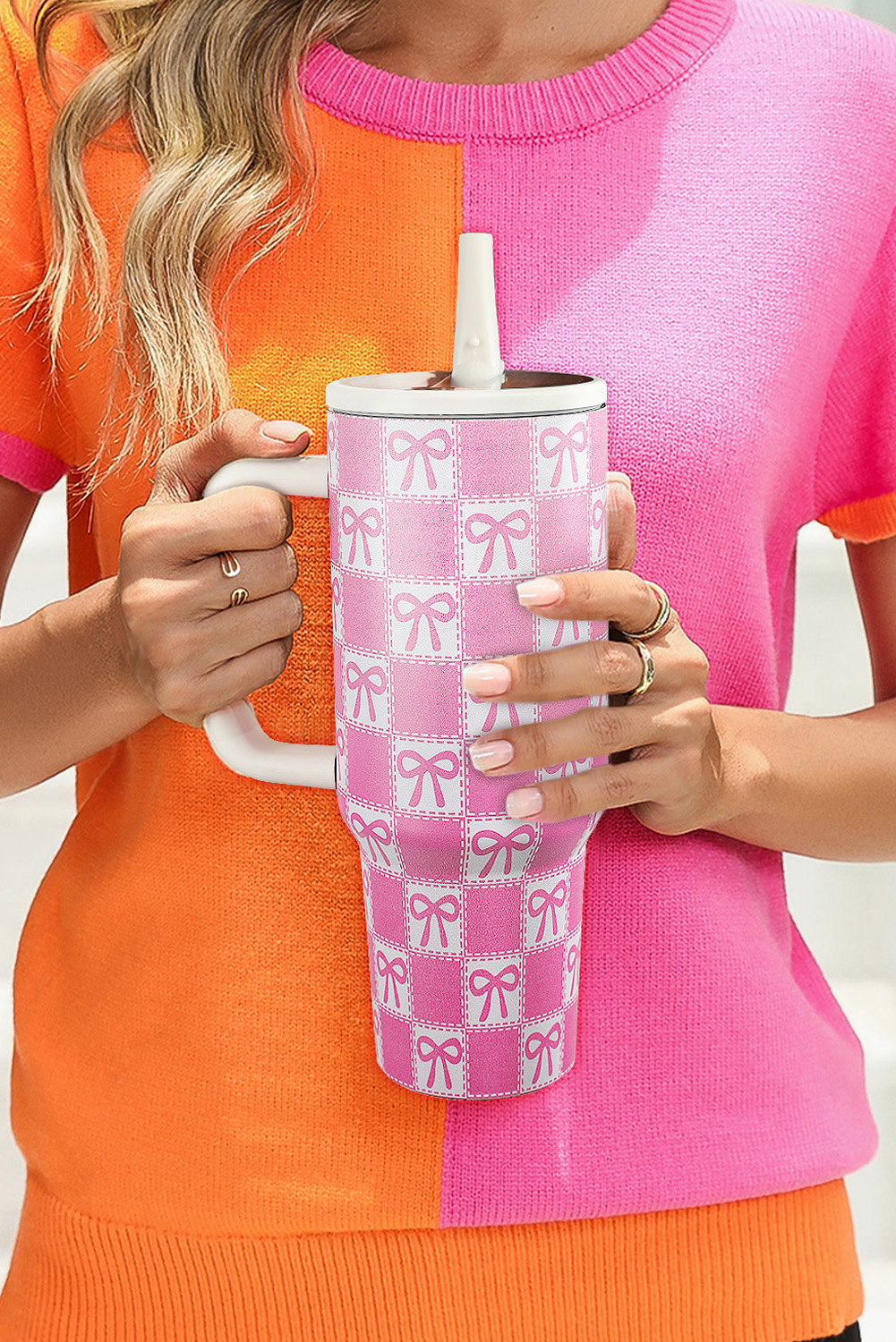 Bonbon Bow Knot Checkered Print Handle Large Tumbler 40OZ - loveforevers