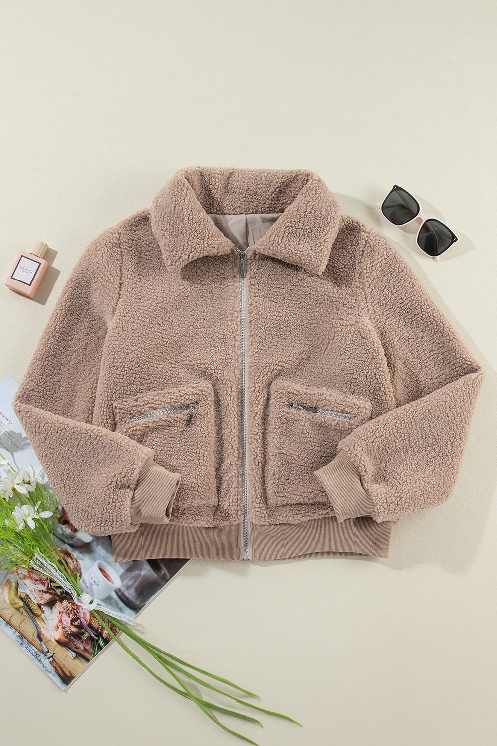 Light French Beige Zipper Pocketed Winter Fuzzy Jacket - loveforevers