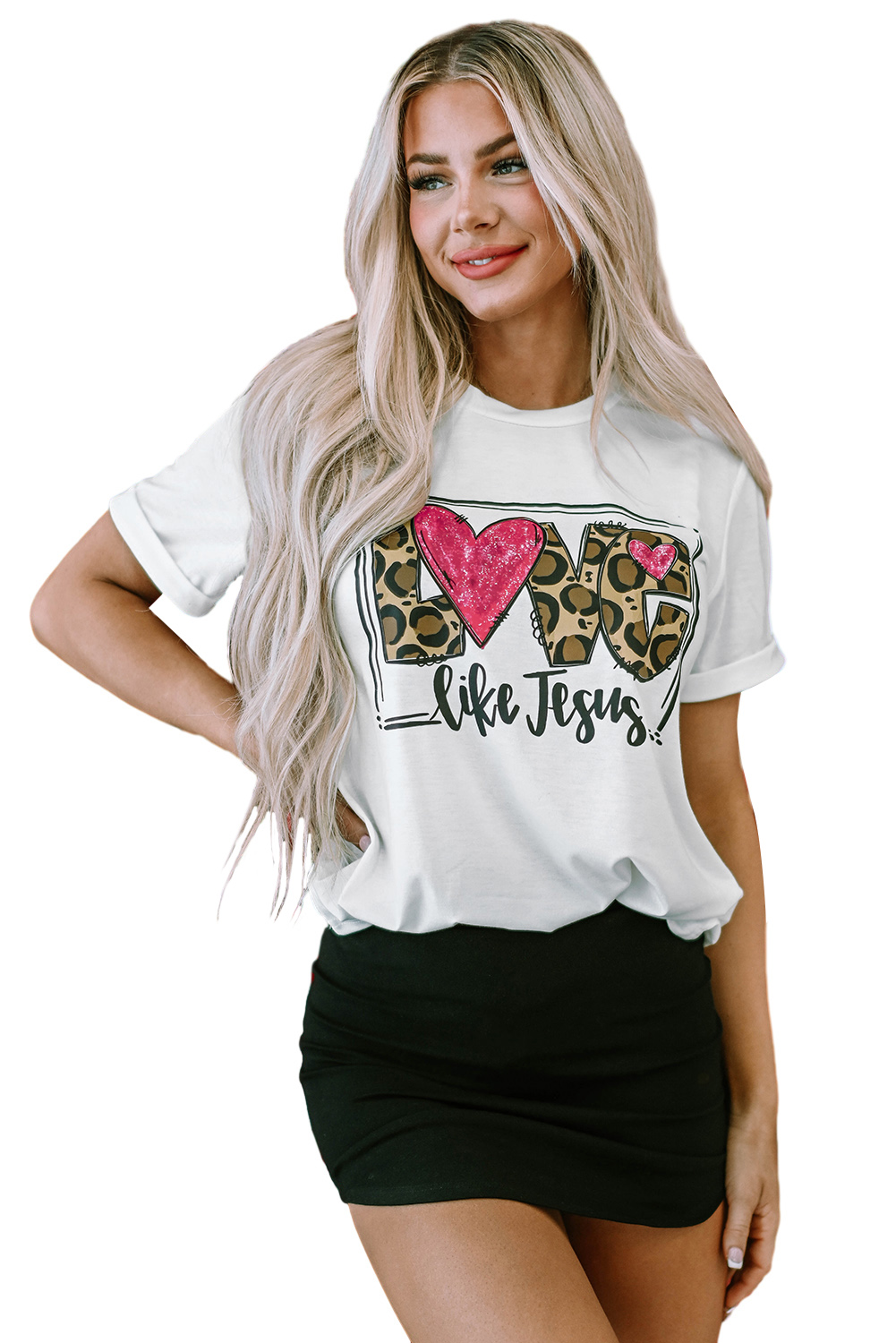 Red Leopard Striped Heart Shaped Print Crew Neck T Shirt - loveforevers