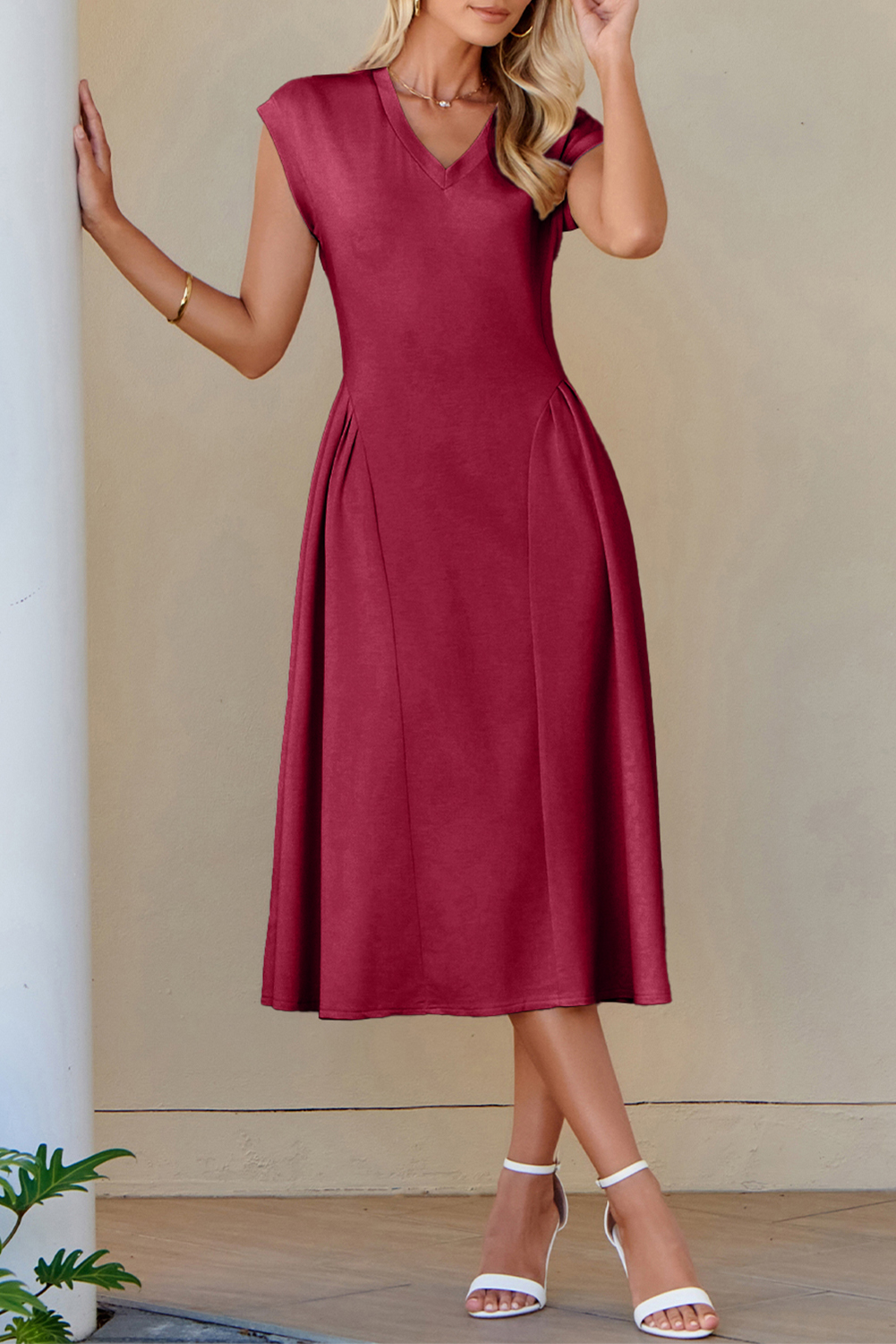 Red Dahlia Solid Color V Neck Pleated Flared Midi Dress - loveforevers