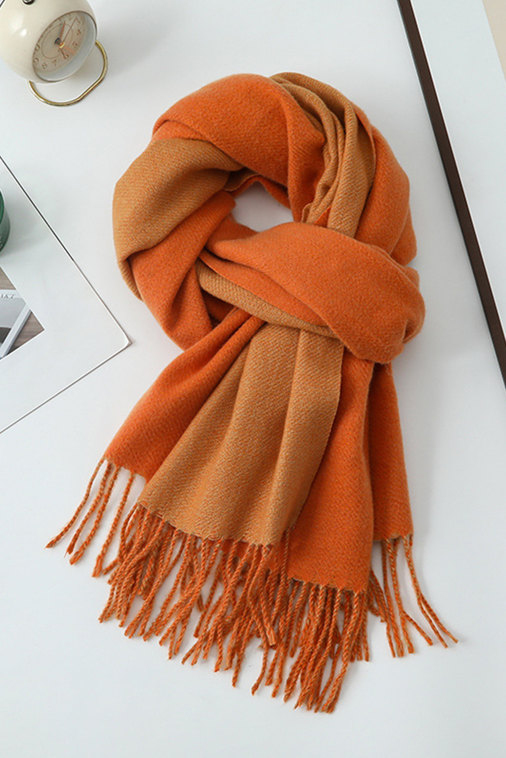 Russet Orange Two-Tone Cashmere Feel Tassel Scarf - loveforevers