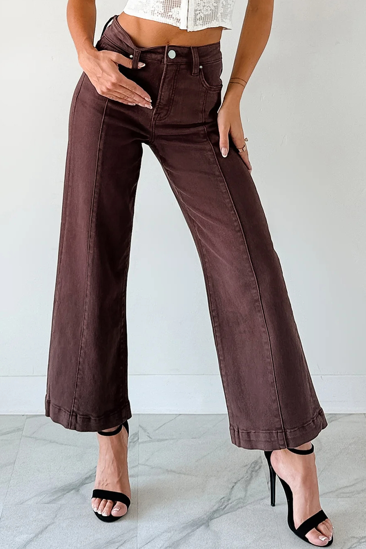 Apricot Solid Color Seamed Center Wide Leg Cropped Jeans - loveforevers