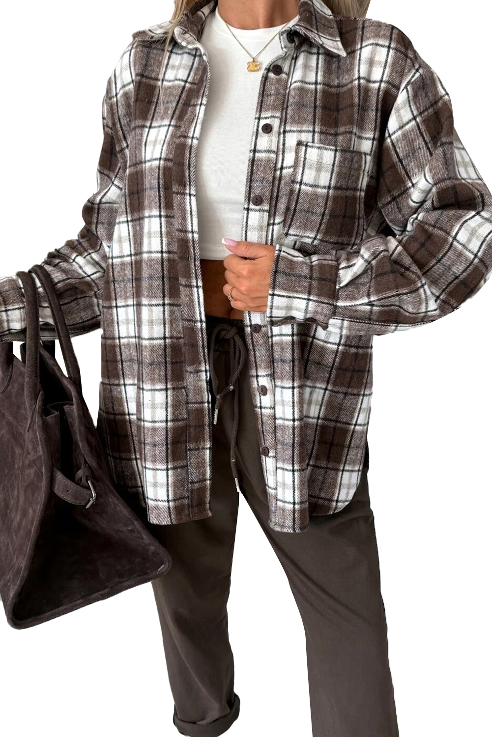 Dark Brown Flanel Plaid Single Chest Pocket Boyfriend Shacket - loveforevers