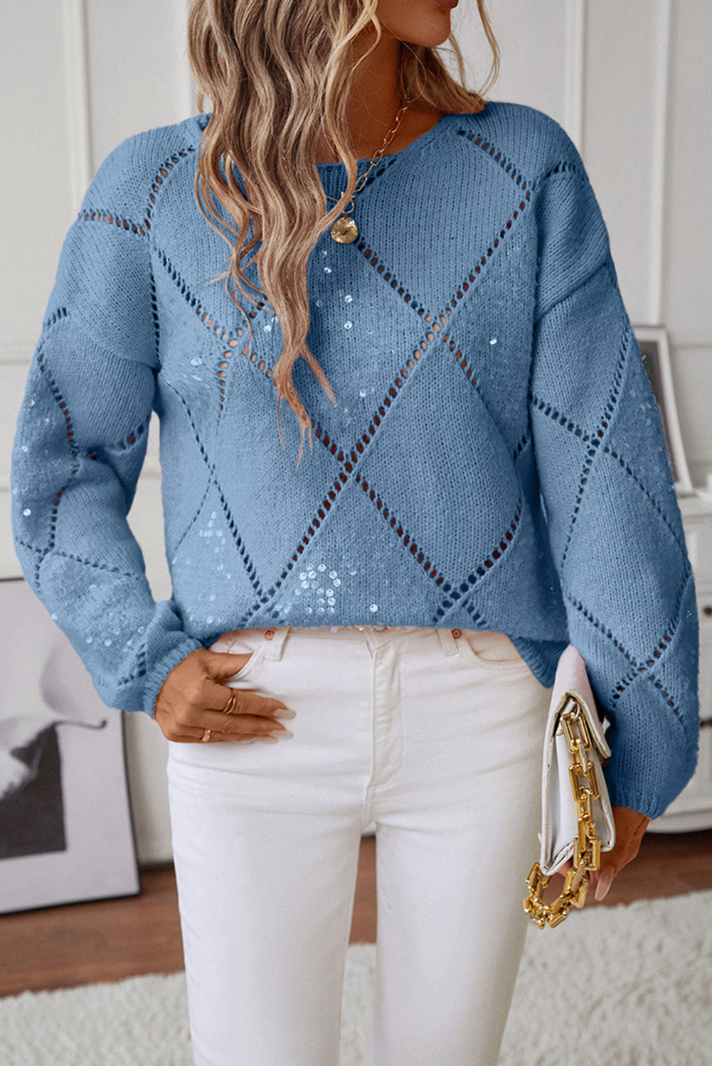 Dusk Blue Hollowed Rhombus Pattern Sequin Detail Round Neck Sweater - loveforevers