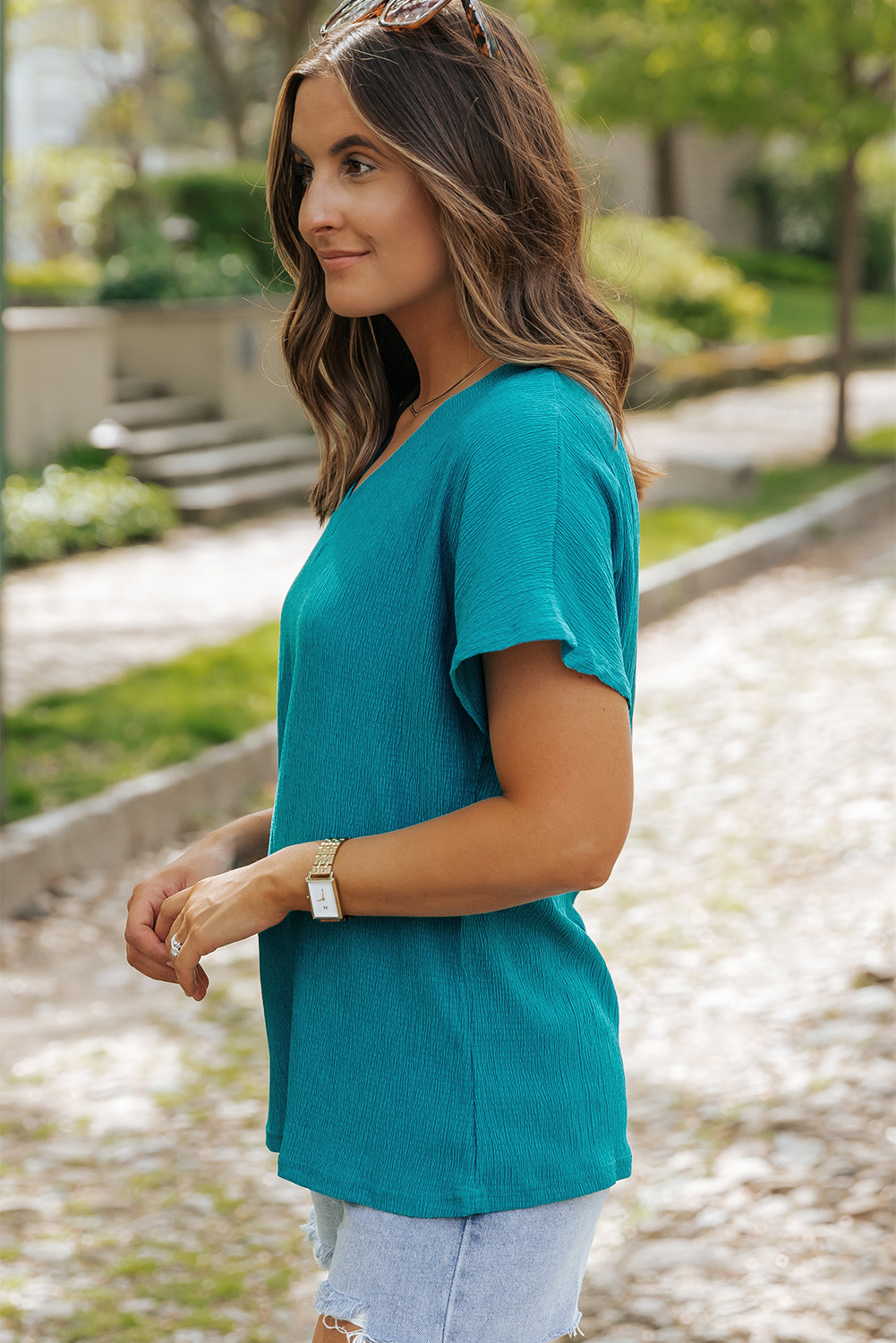 Bright Pink Crinkled V Neck Wide Sleeve T-shirt - loveforevers