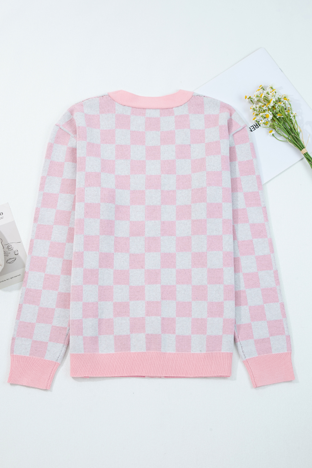 Pink Checkered Christmas Tree Pattern Button V Neck Cardigan Sweater - loveforevers