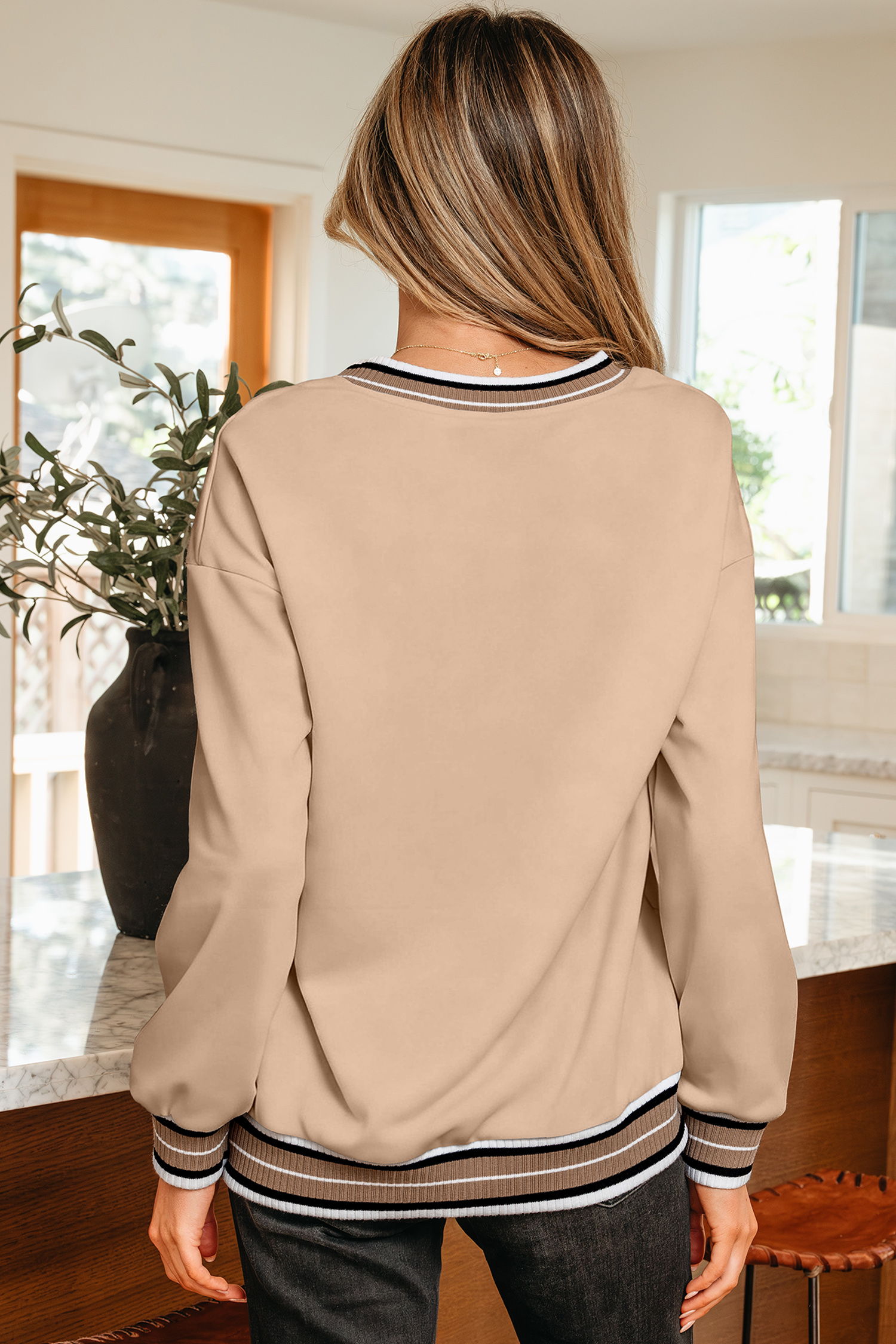 Gray Varsity Contrast Striped Trim V Neck Sweatshirt - loveforevers