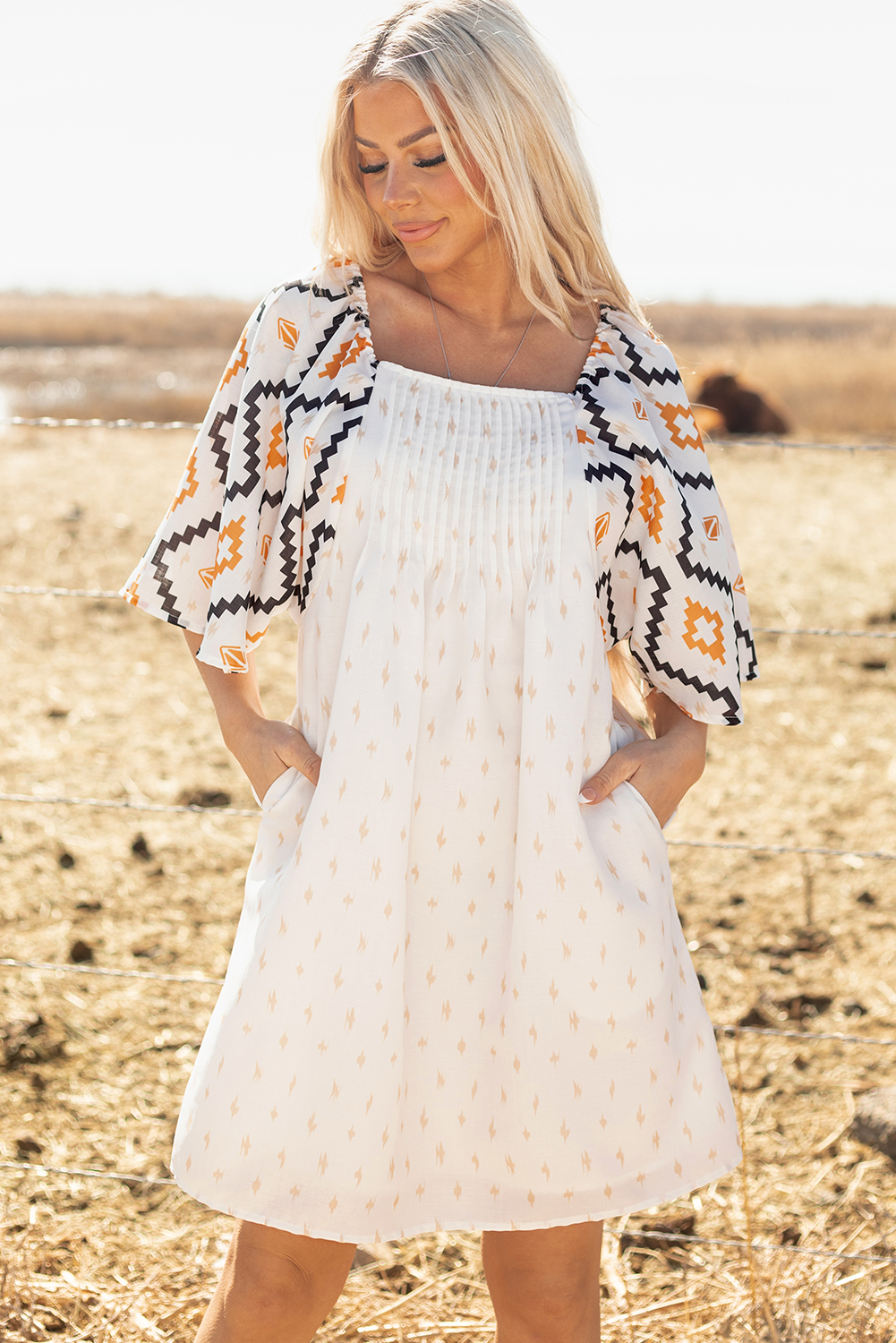Beige Western Aztec Print Pleated Square Neck Loose Mini Dress - loveforevers