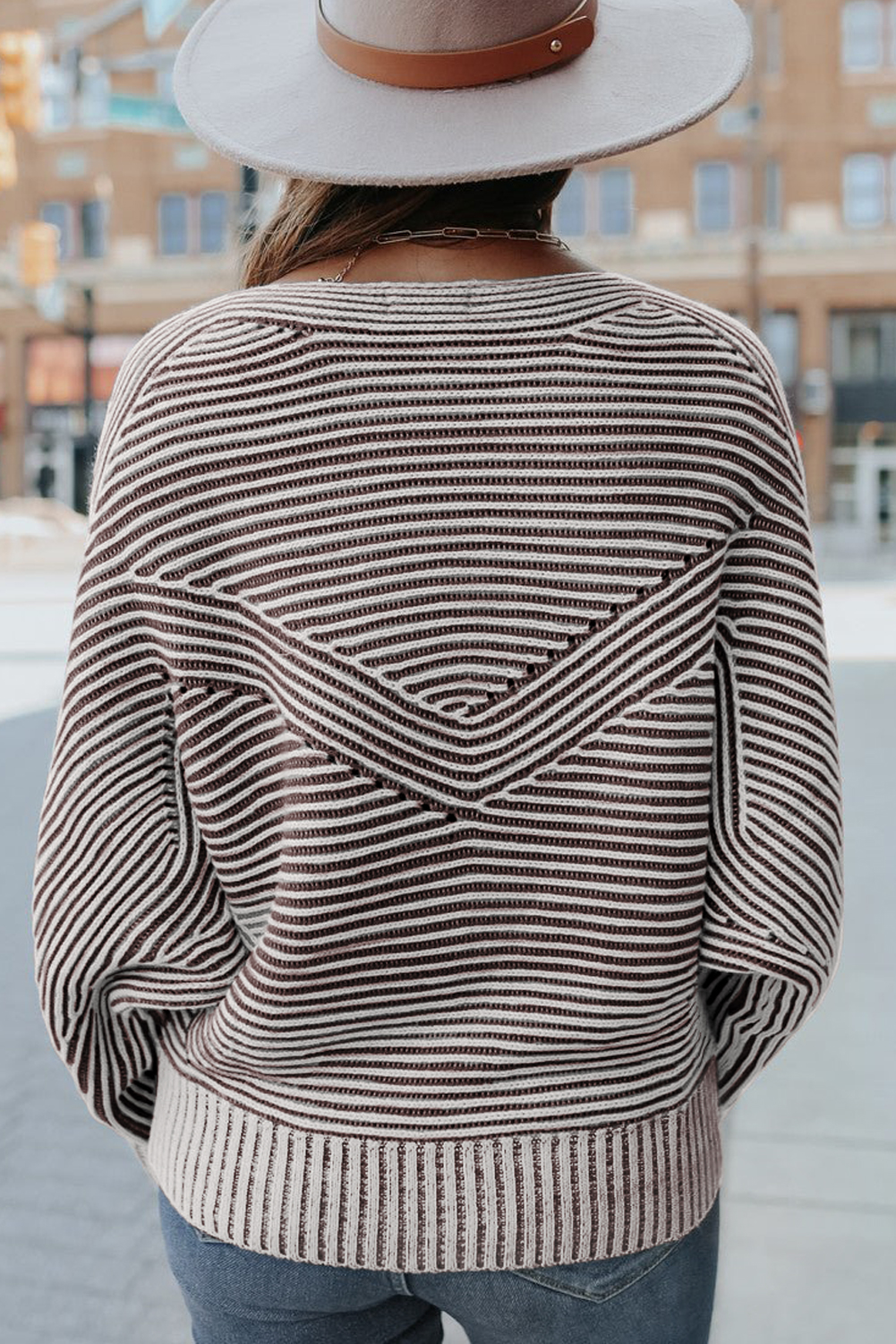 Coffee Striped Print Ribbed Knit Boat Neck Baggy Sweater - loveforevers