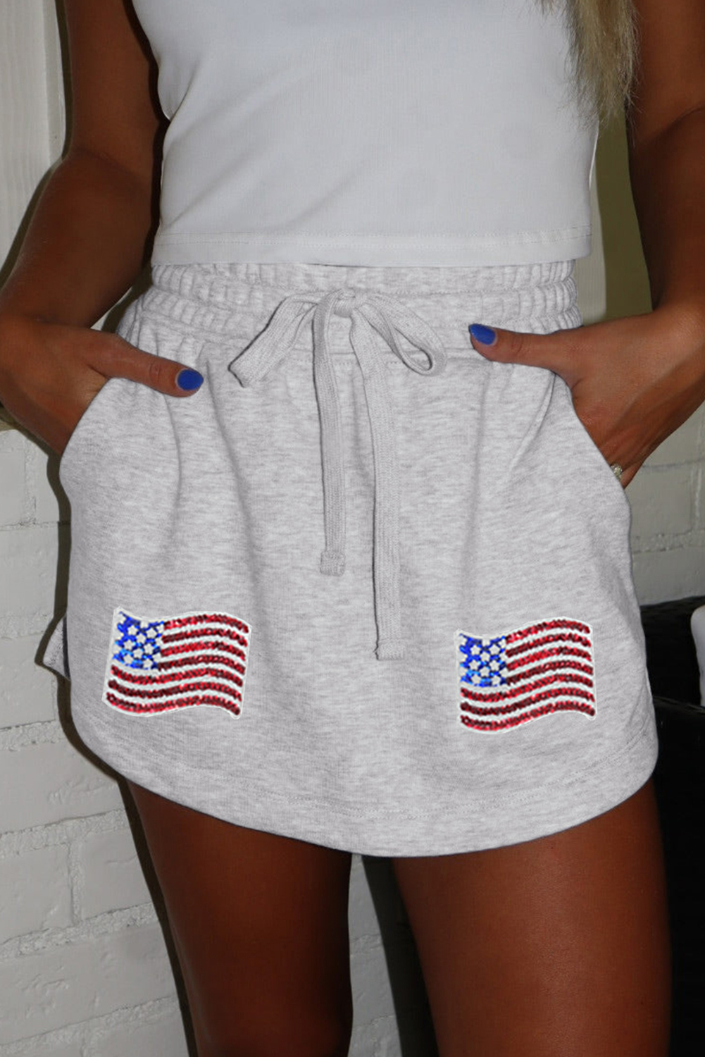 Light Grey American Flag Patched Lace-up High Waist Skort - loveforevers