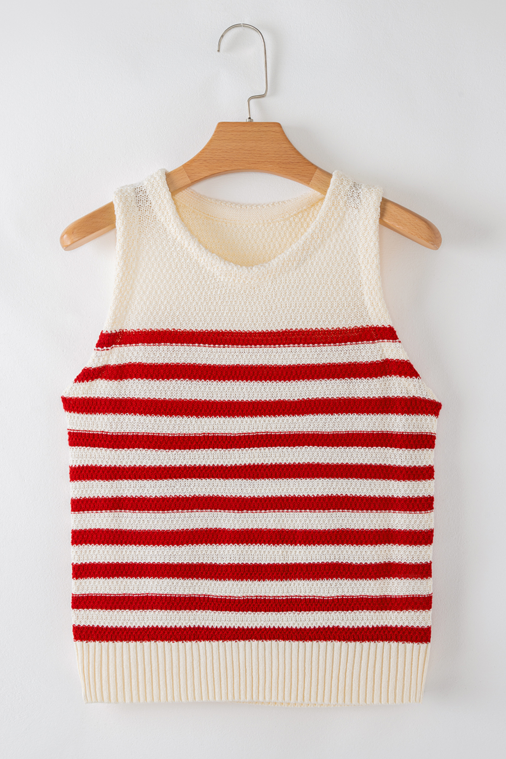 Red Stripe Textured Knit Ribbed Hem Sweater Tank Top - loveforevers