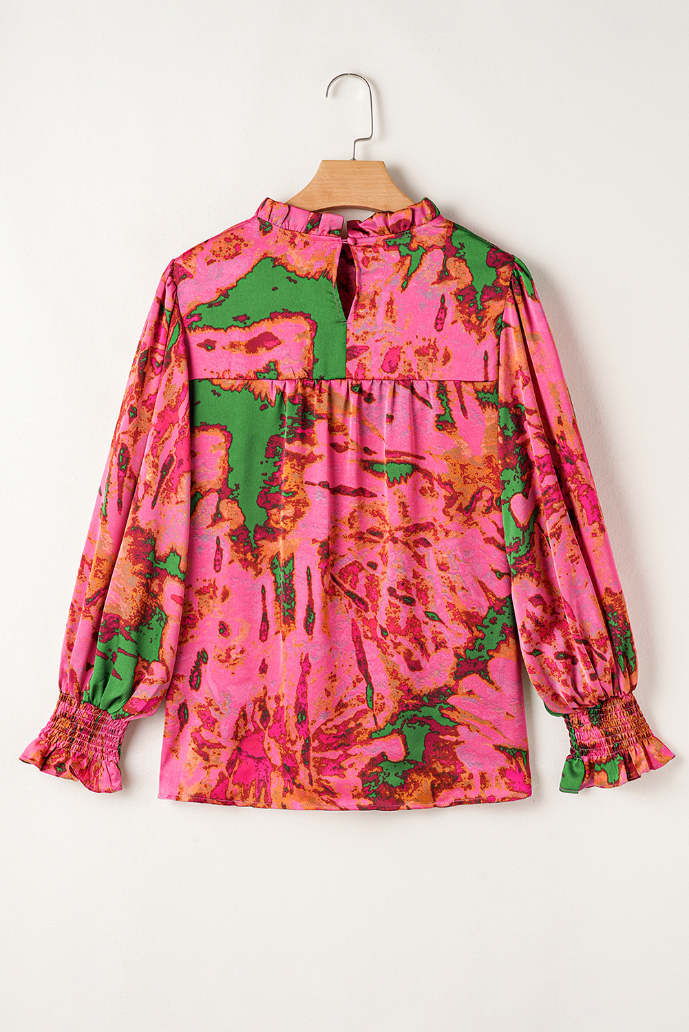 Rose Abstract Print Frilly Neckline Puff Sleeve Blouse - loveforevers