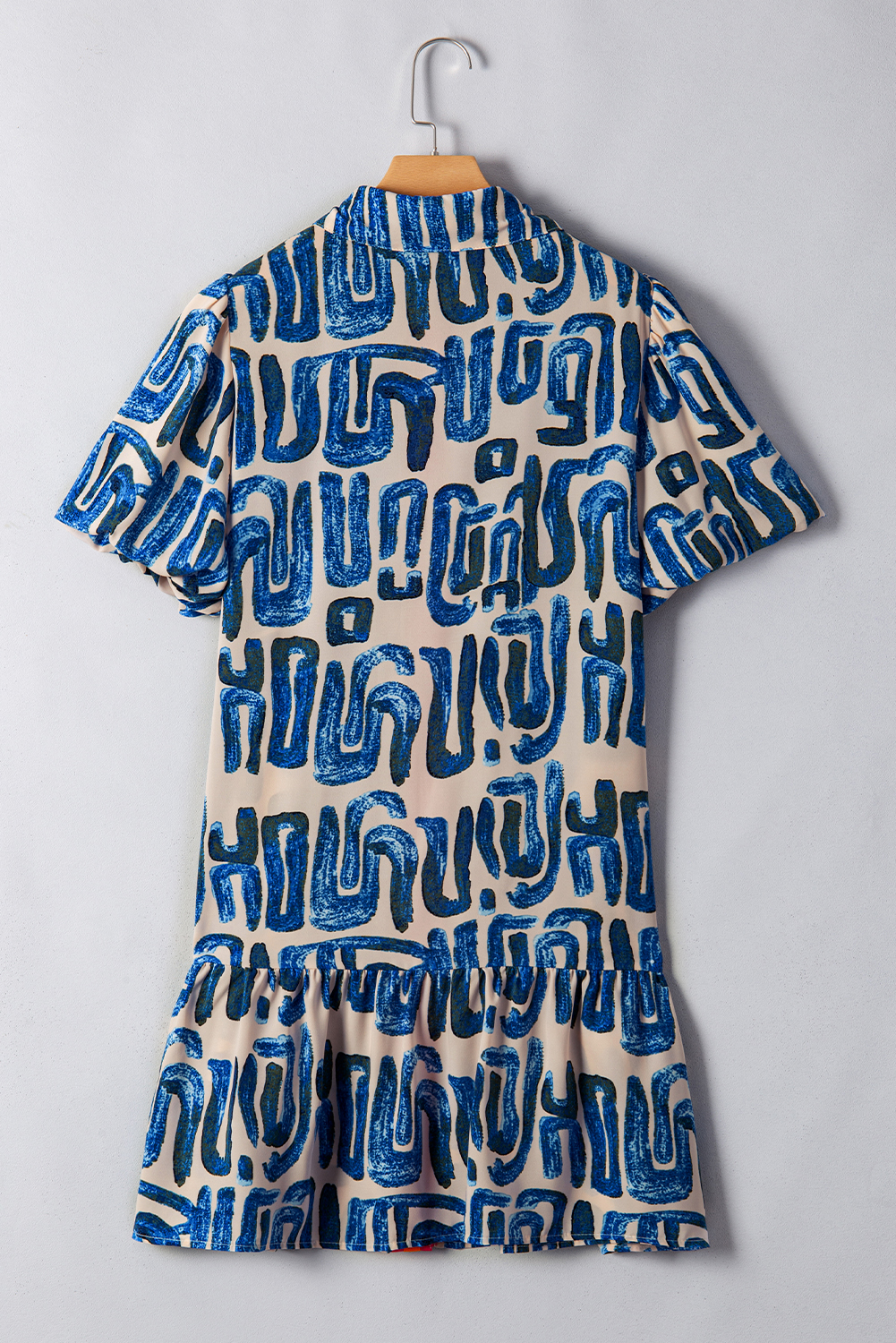 Beige Abstract Print Bubble Sleeve Button up Mini Dress - loveforevers