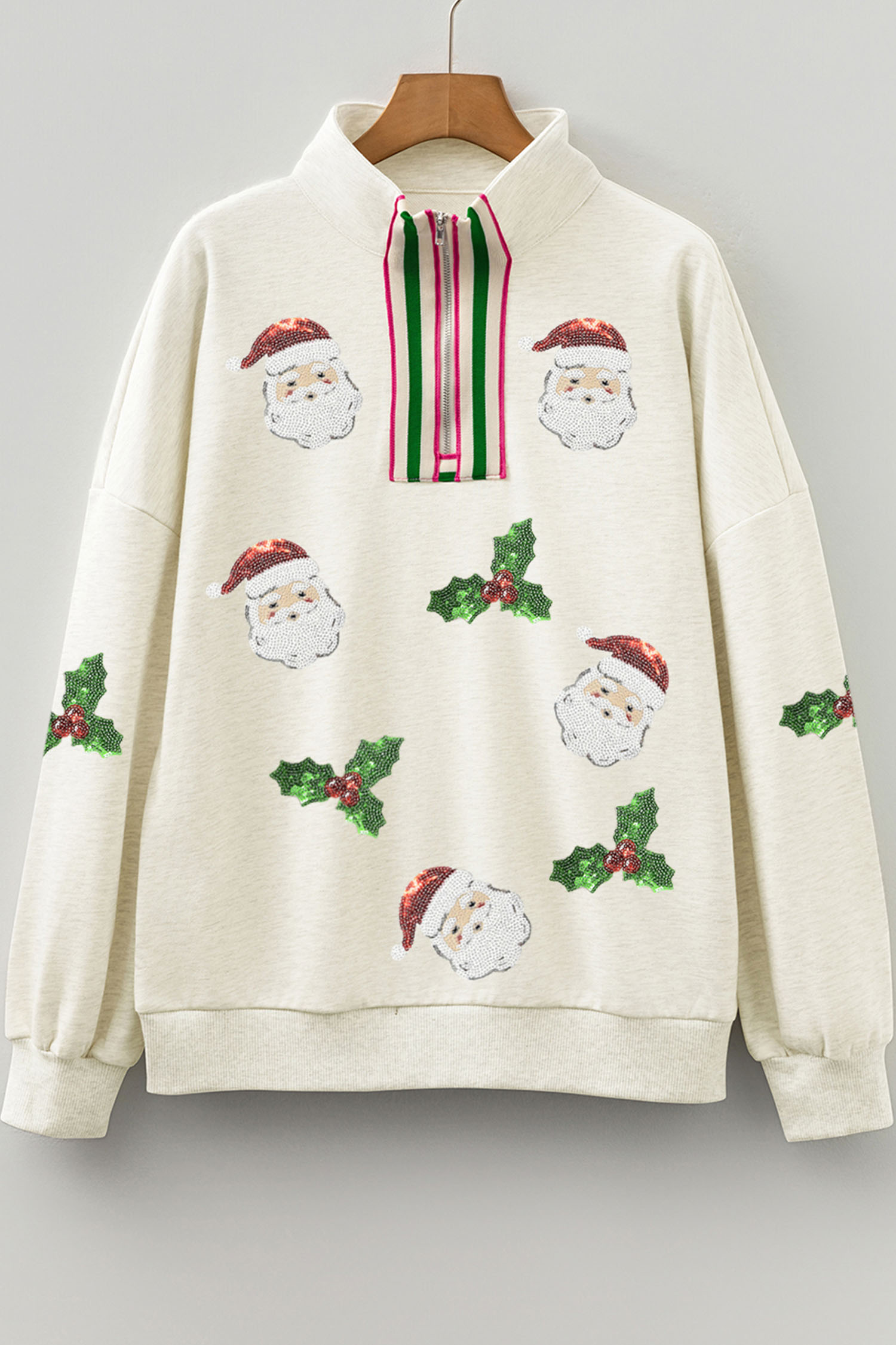 Light Grey Sequin Santa Christmas Holly Patched Striped Trim Zip V Neck Sweatshirt - loveforevers