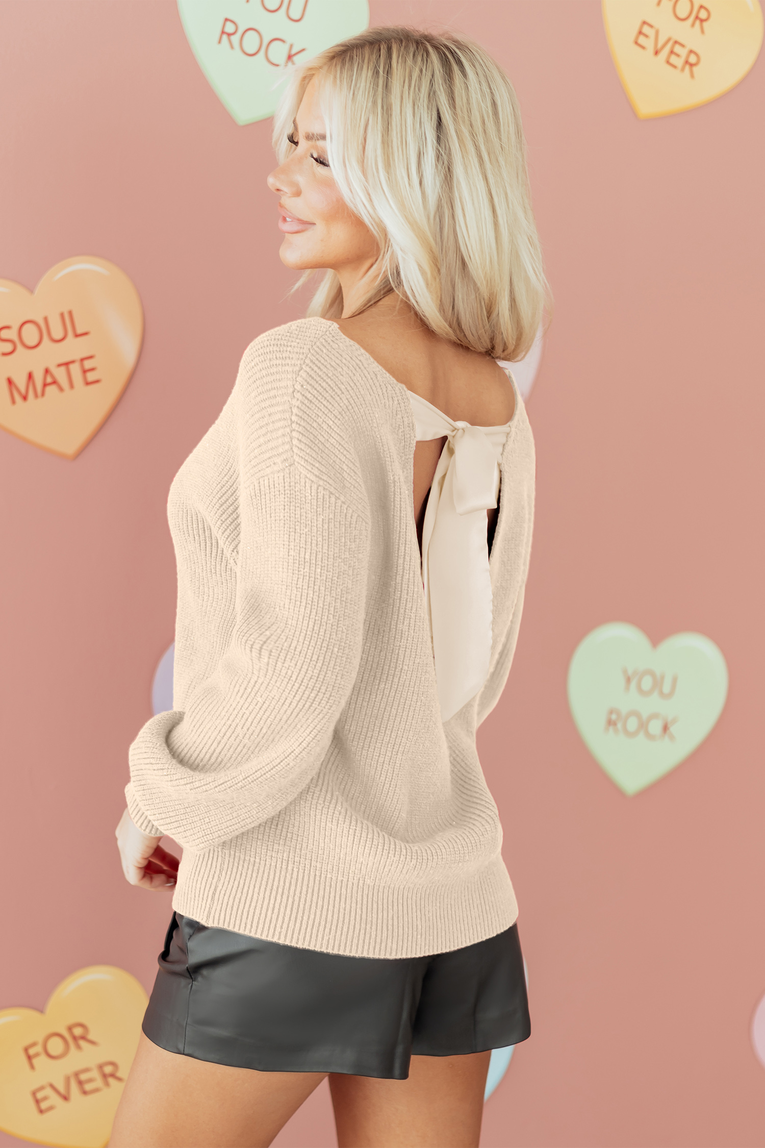 Black Ribbed Knit Ribbon Knot Backless Drop Shoulder Sweater - loveforevers