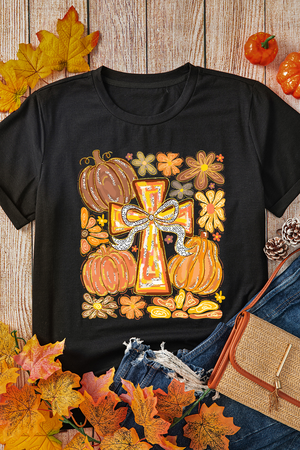 Black Thanksgiving Pray Cross Pumpkin Graphic Cotton Blend Tee - loveforevers