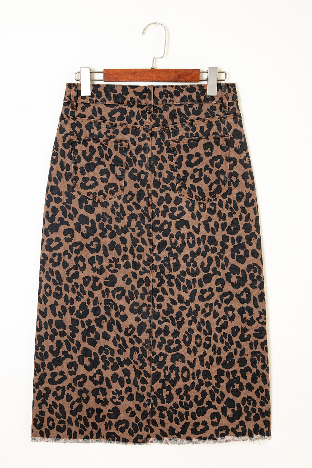 Brown Leopard Denim Frayed Split Denim Midi Skirt - loveforevers