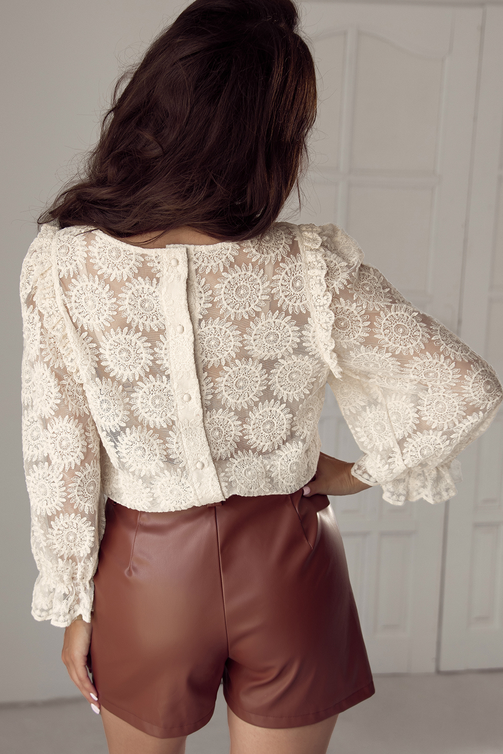 Oatmeal Flower Jacquard Button Back Ruffled 3/4 Sleeve Blouse - loveforevers