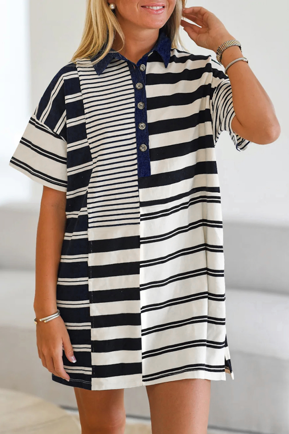 Black Stripe Half Placket Polo T Shirt Dress - loveforevers