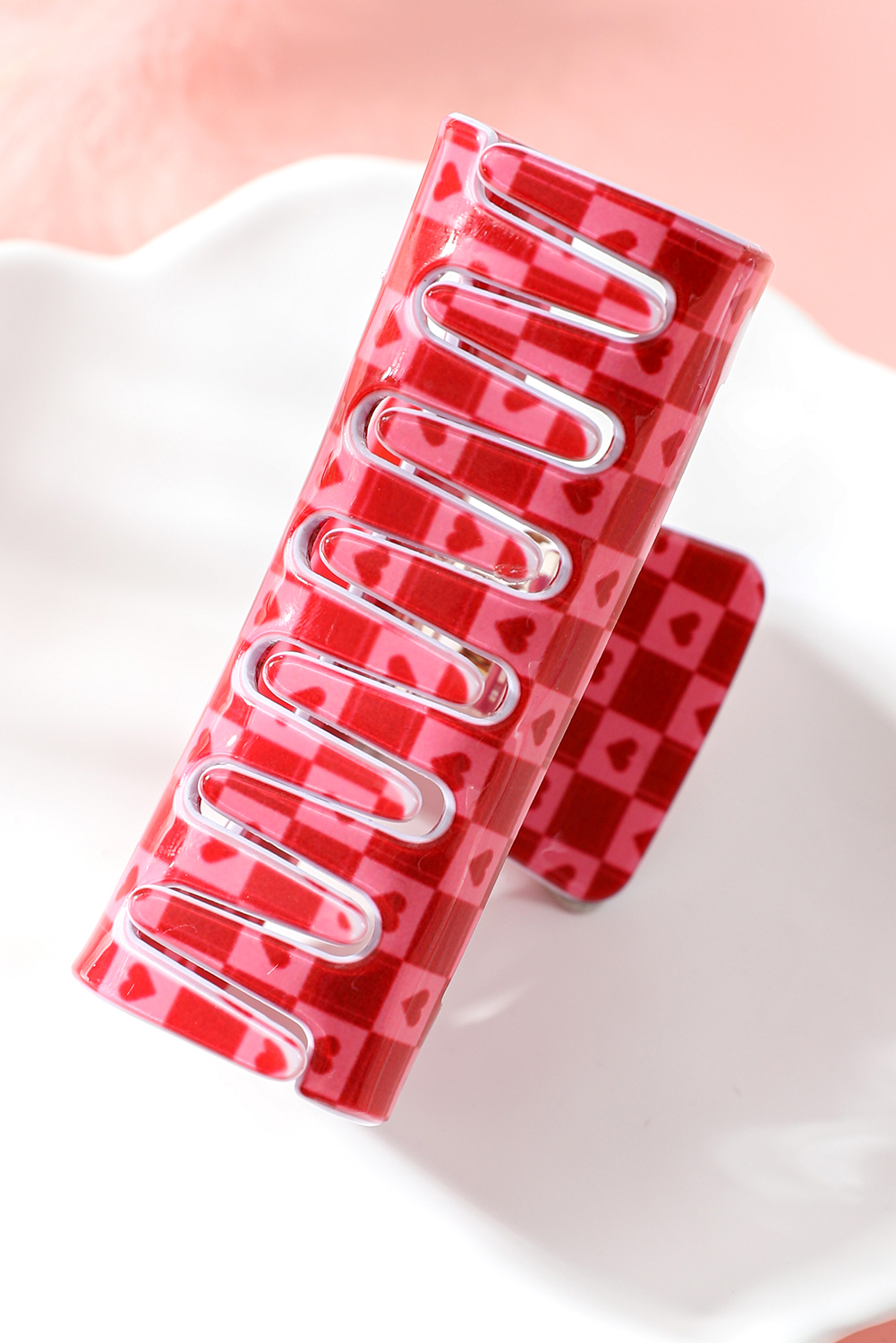 Racing Red Heart Checkered Print Cut Out Hair Claw Clip - loveforevers