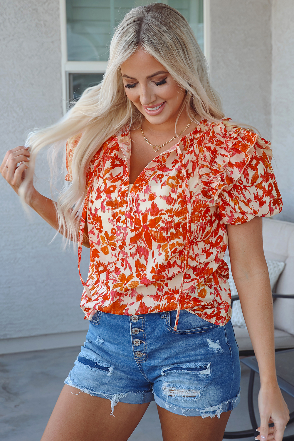 Orange Floral Print Ruffled Short Puff Sleeve Split Neck Blouse - loveforevers