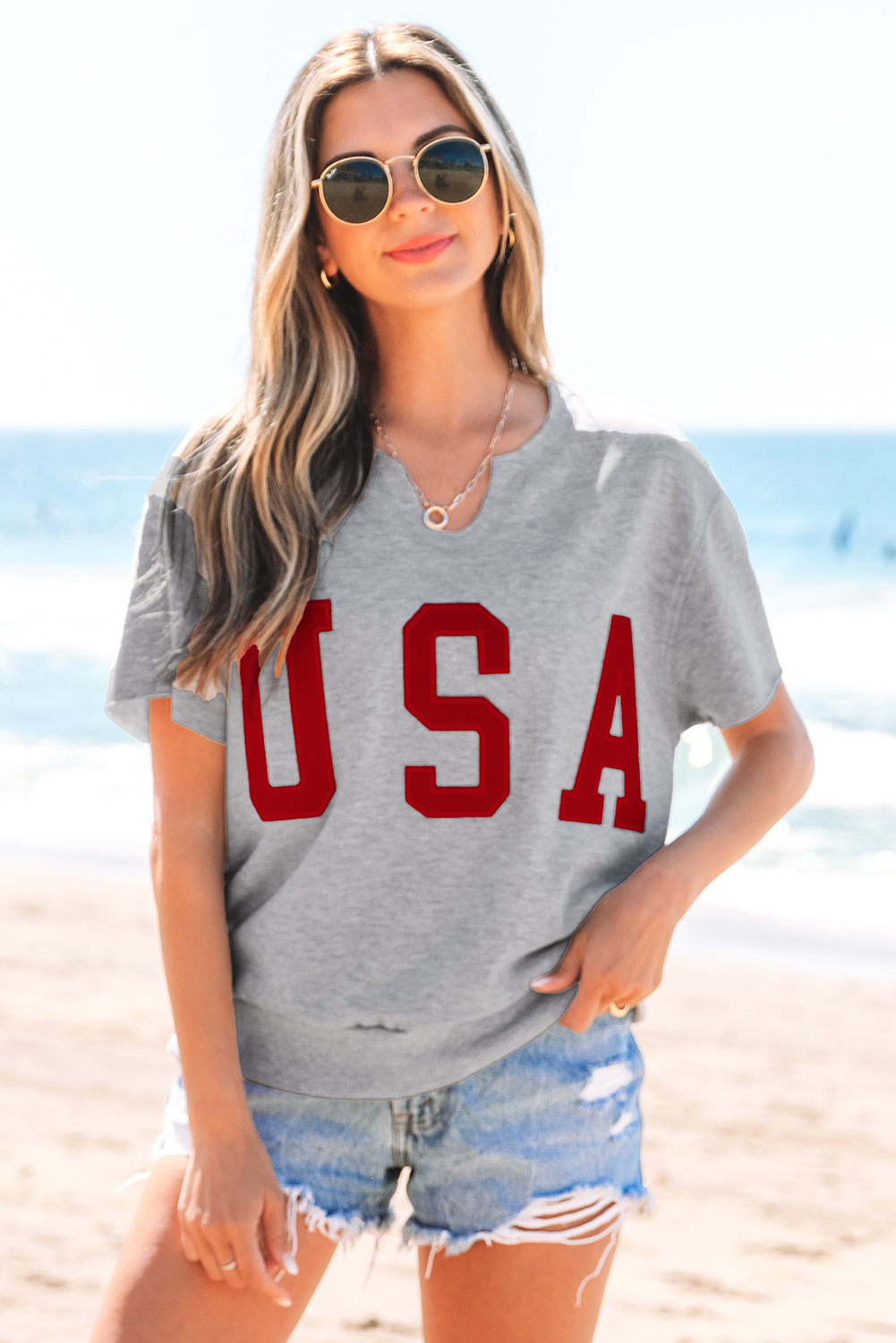 Light Grey USA Lettering Patch Notched Neck Loose Tee - loveforevers