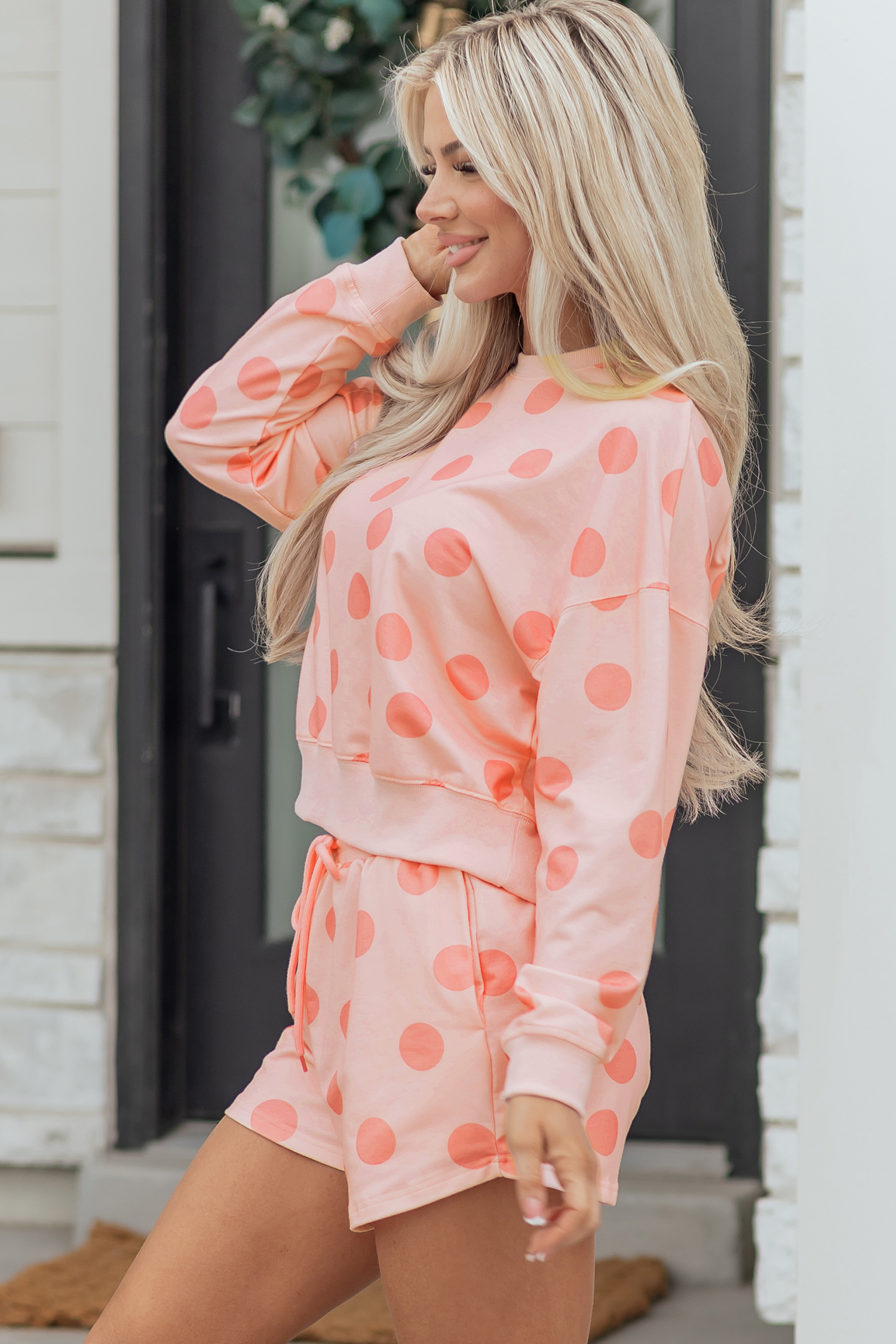 Beige Polka Dot Print Drop Shoulder Pullover Drawstring Jogger Pant Set - loveforevers