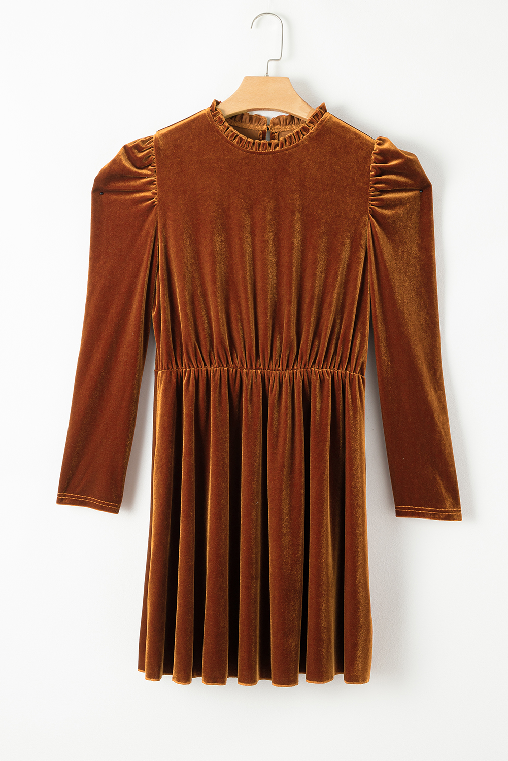 Chestnut Velvet Frilled Neck Gigot Sleeve Swing Dress - loveforevers