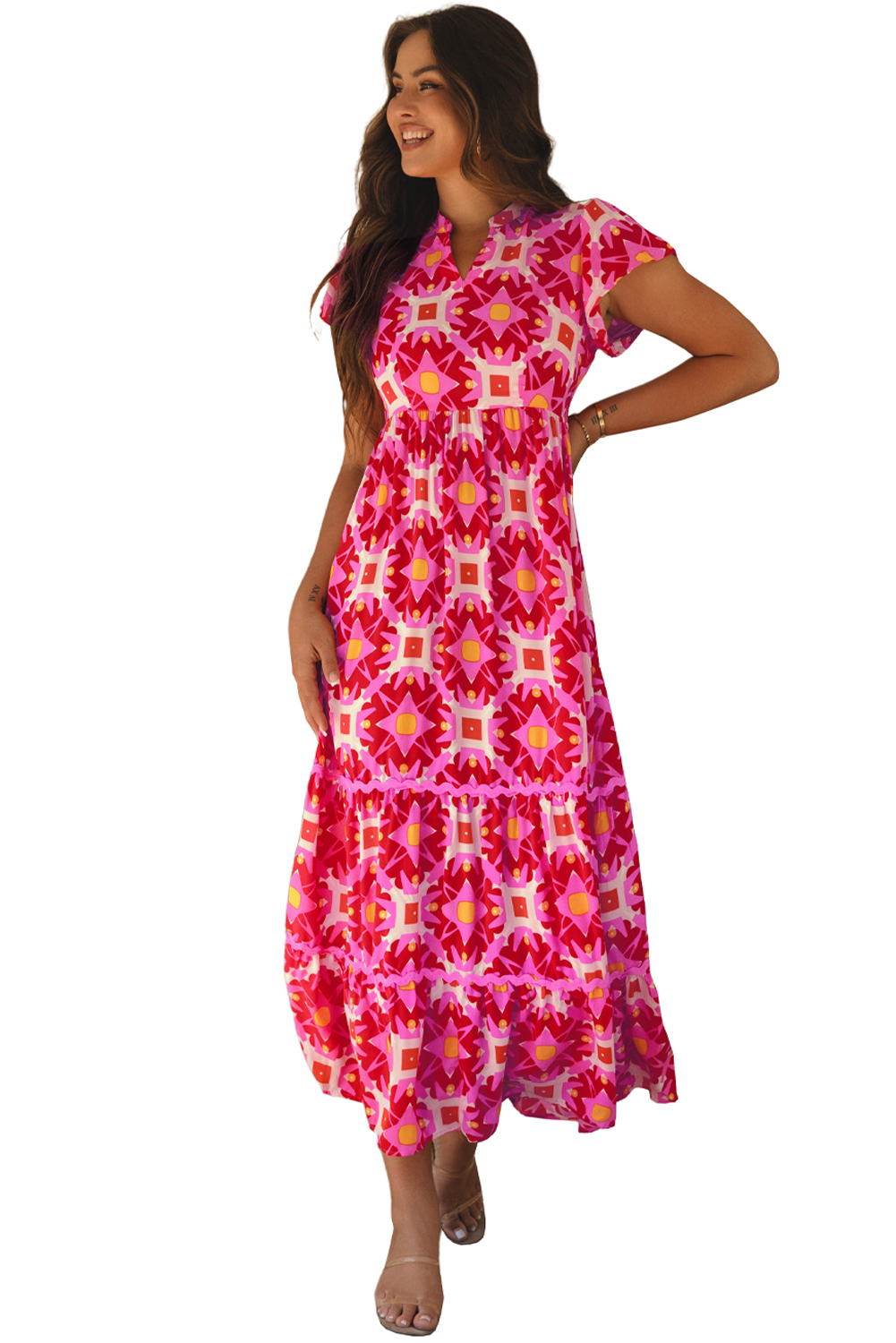Strawberry Pink Geo Print V-neck Maxi Dress - loveforevers