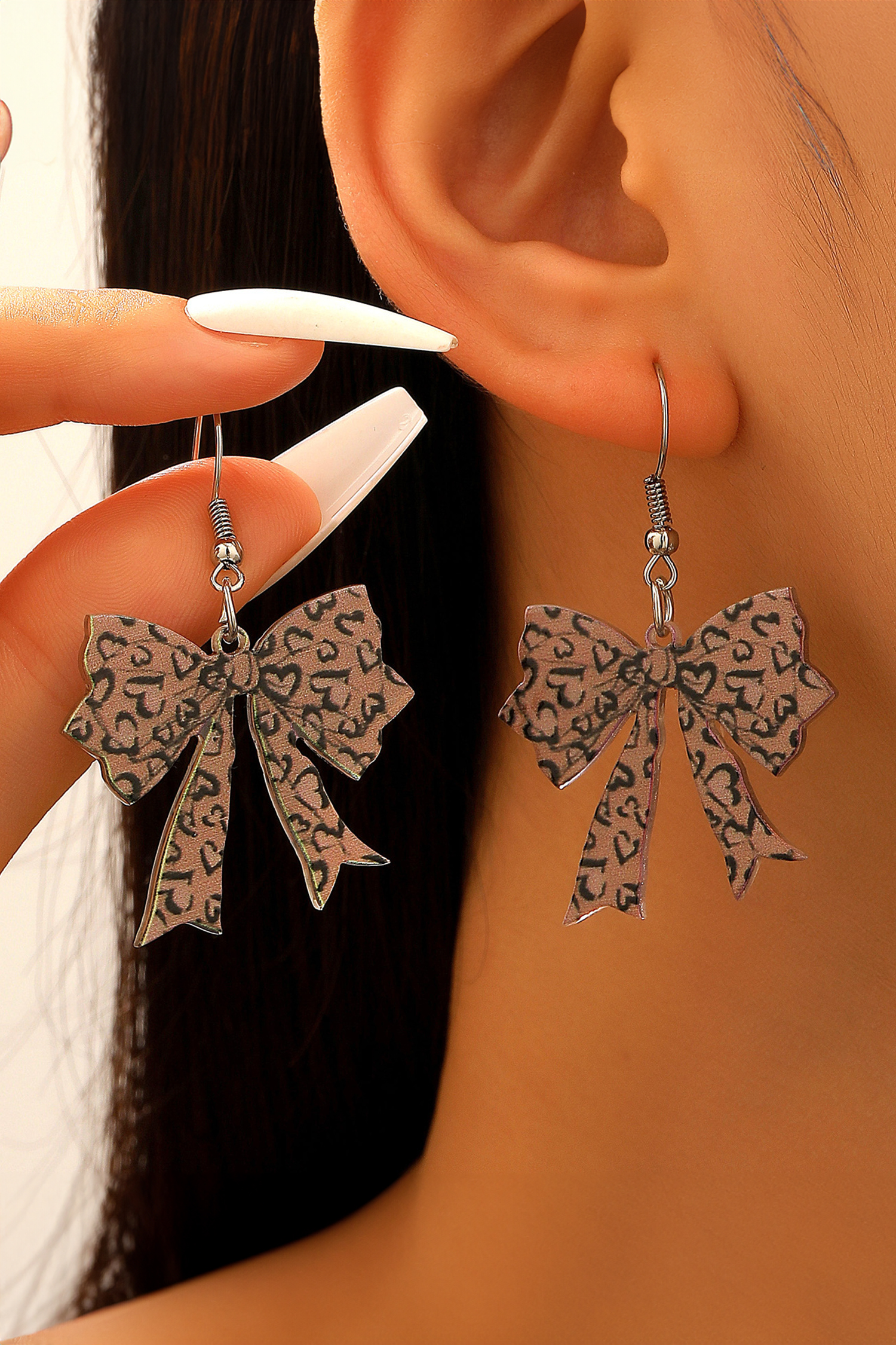 Cinnamon Stylish Leopard Printed Bow Stainless Hook Earrings - loveforevers