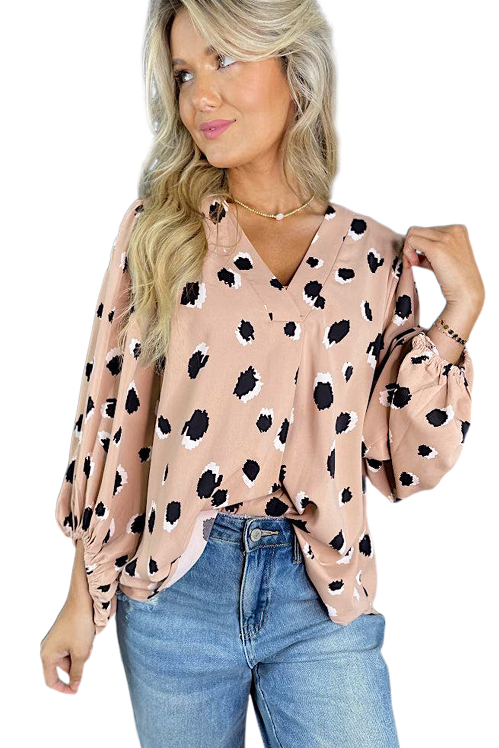 Khaki Classic Leopard V Neck Bracelet Sleeve Blouse - loveforevers