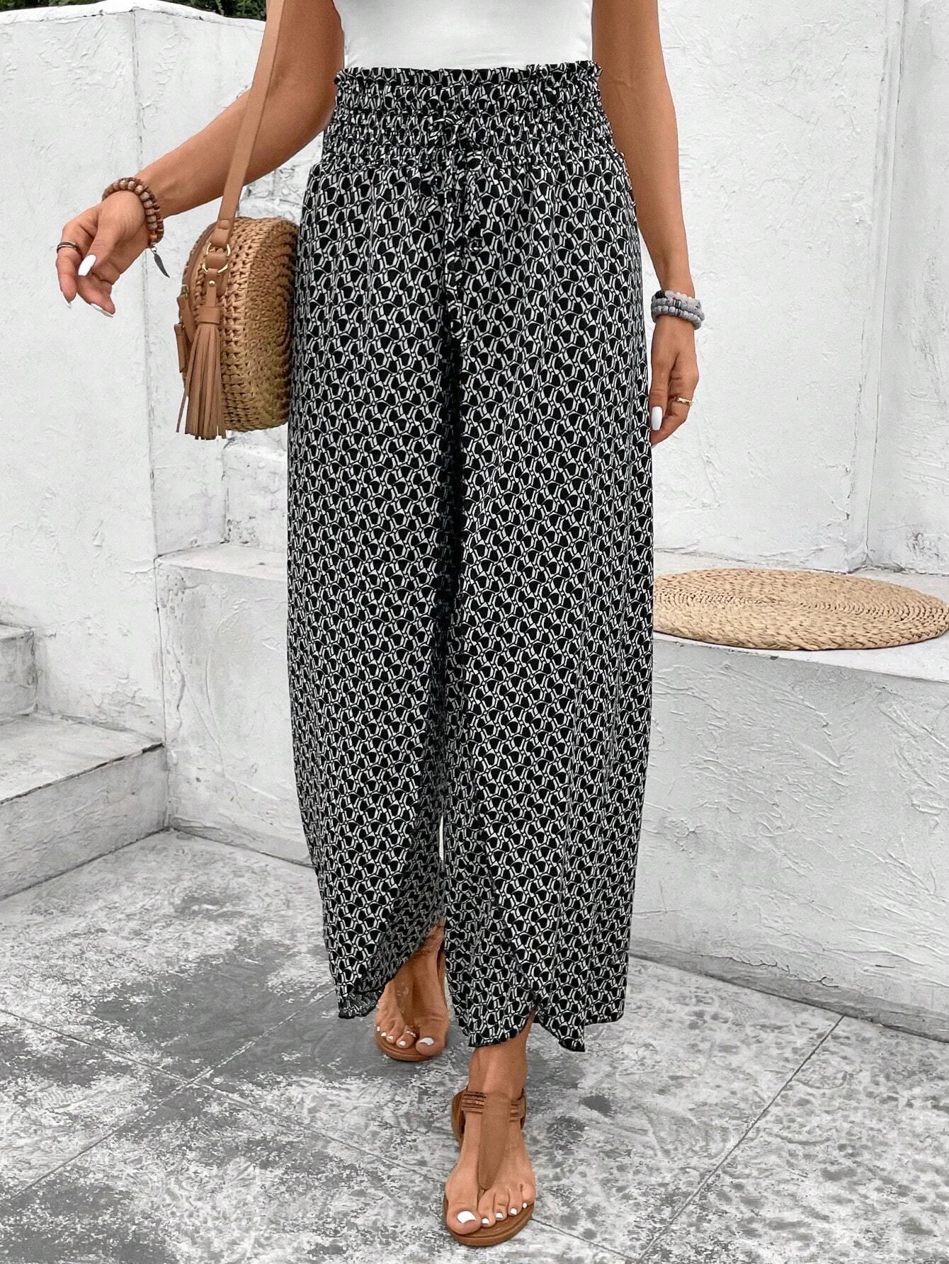 Black Bohemian Print Slit Wide Leg Smocked High Waist Pants - loveforevers