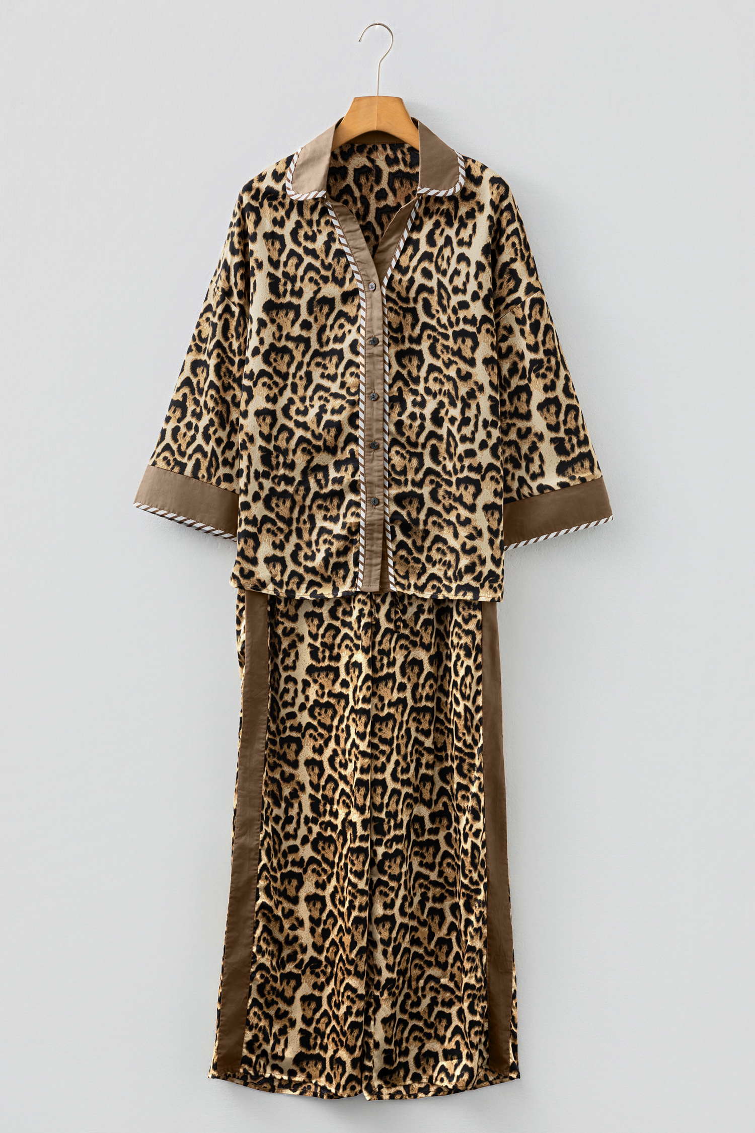 Brown Leopard Collared 3/4 Sleeve Shirt and Loose Pants Two Piece Outfit Set - loveforevers