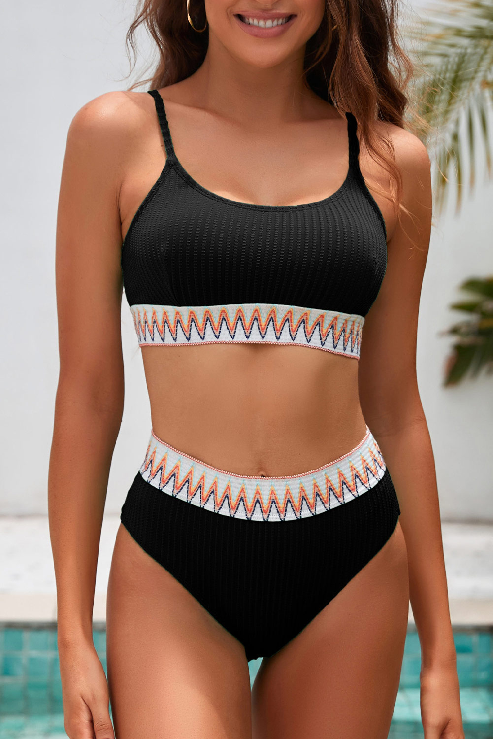 White Textured Contrast Banding Bikini High Waist 2pcs Swimsuit - loveforevers