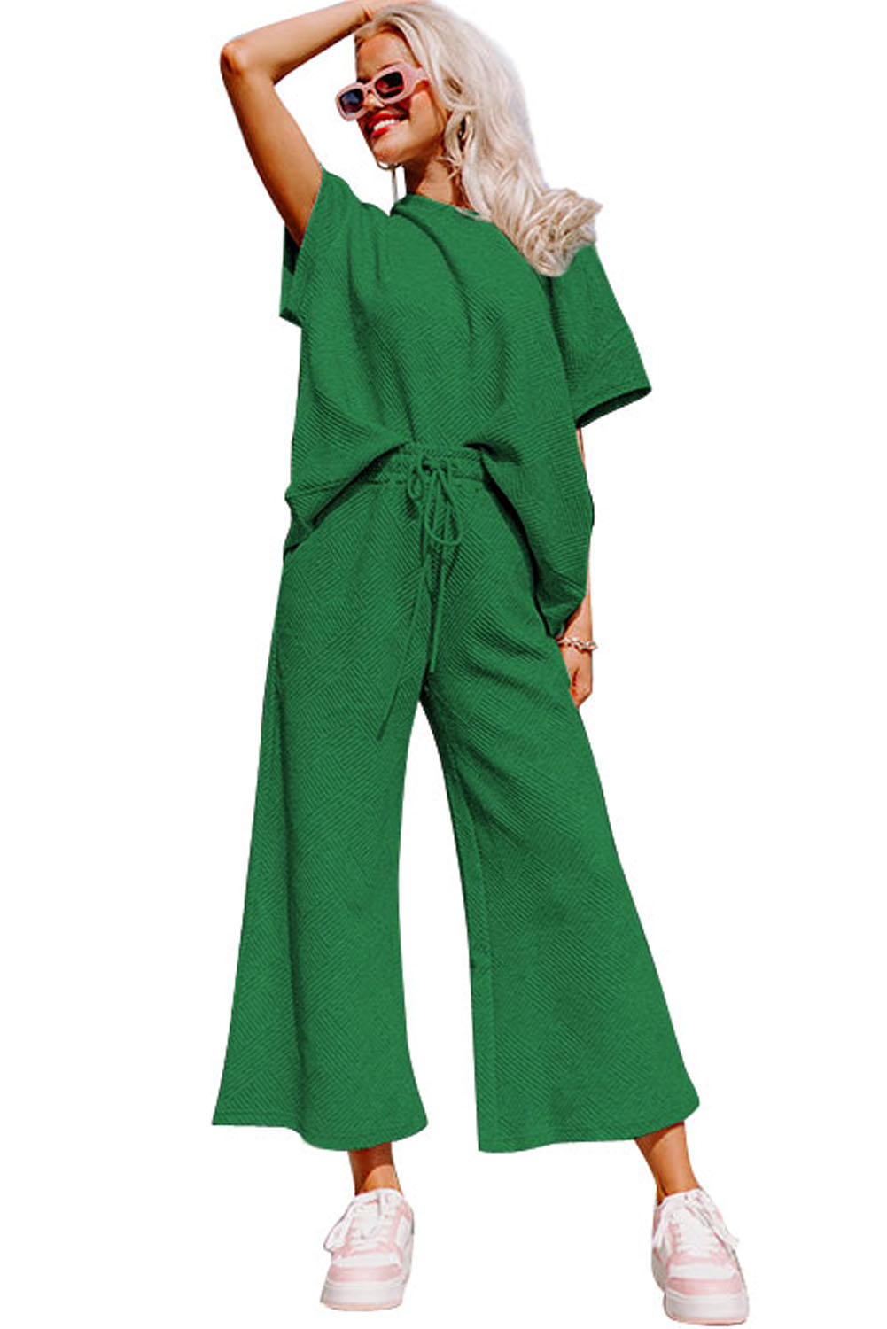 Dark Green Textured Loose Fit T Shirt and Drawstring Pants Set - loveforevers