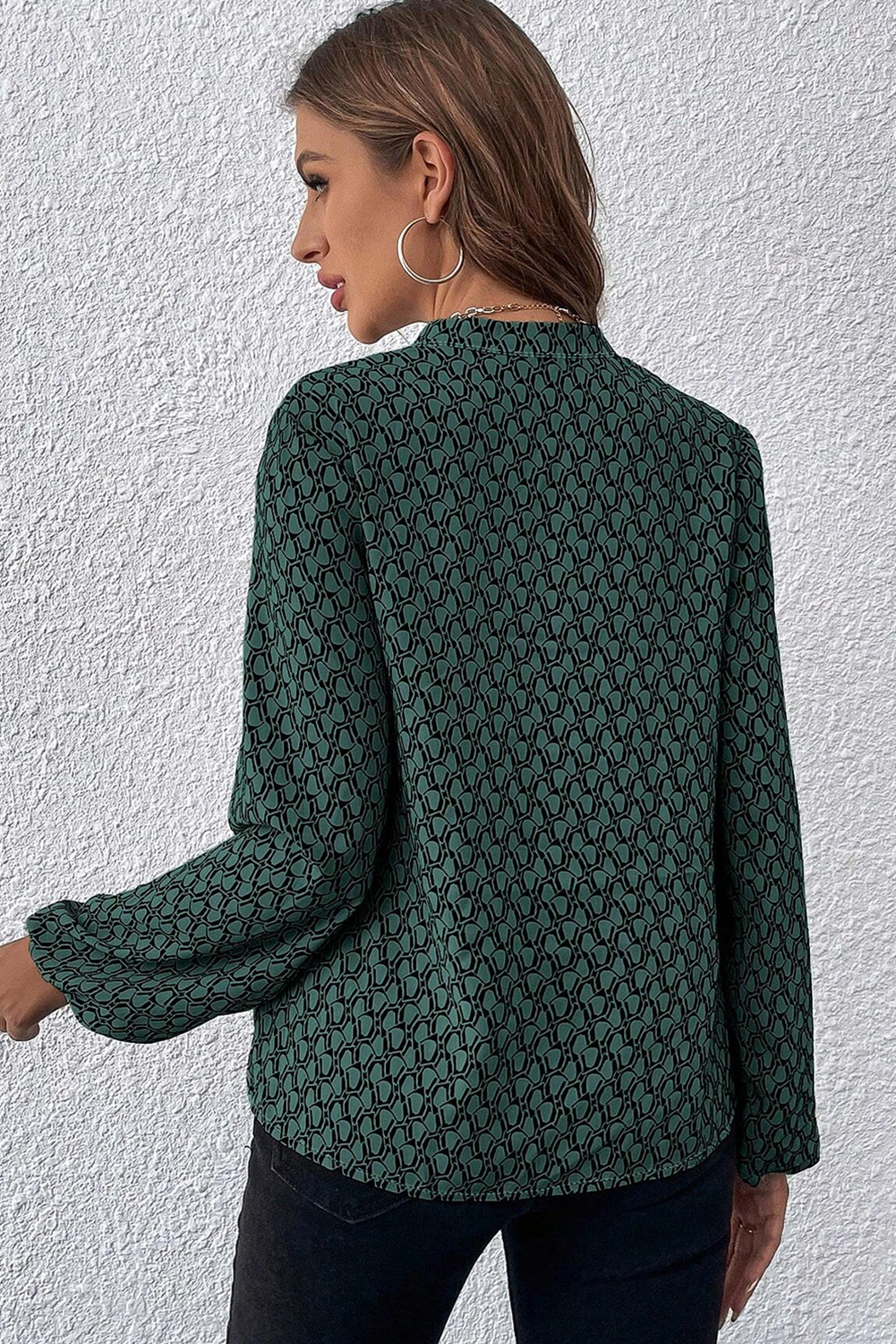Green Geometric Print Notched Neck Puff Sleeve Blouse - loveforevers