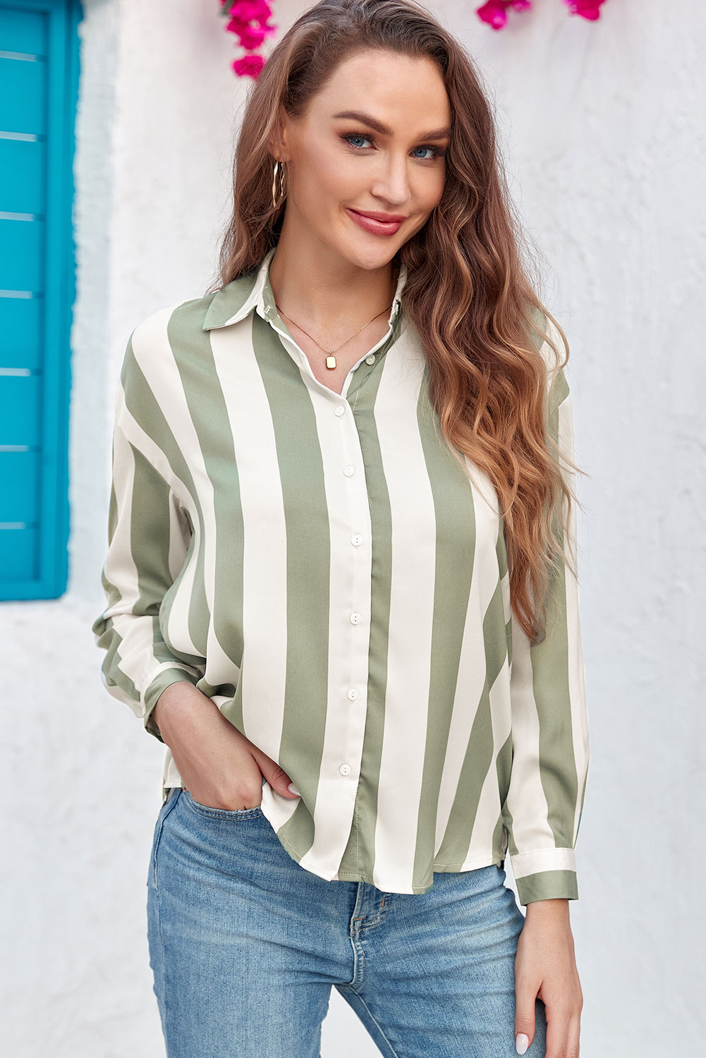 Green Striped Soft Relaxed Button Up Shirt - loveforevers