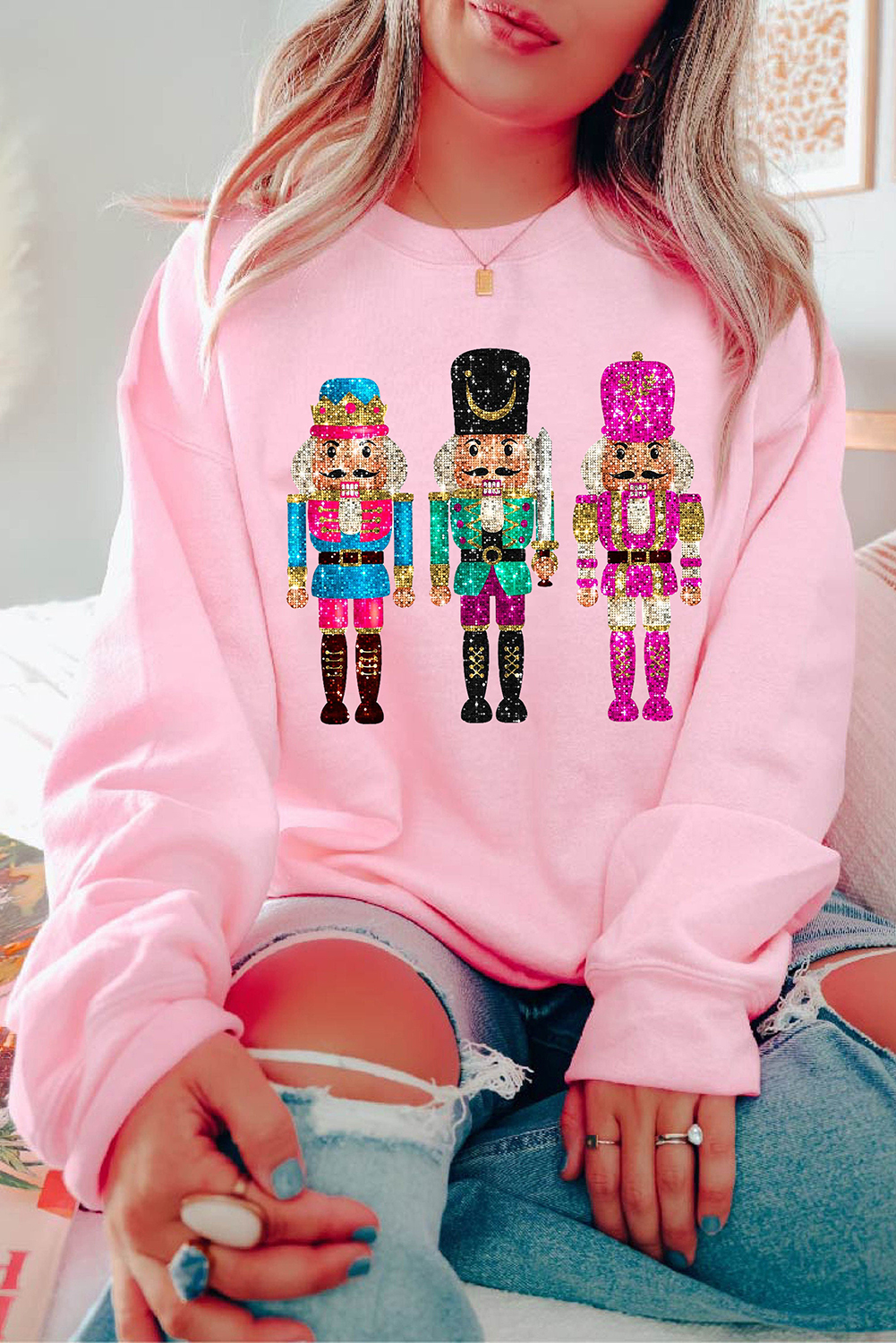 Pink Cute Nutcracker Printed Drop Shoulder Christmas Sweatshirt - loveforevers