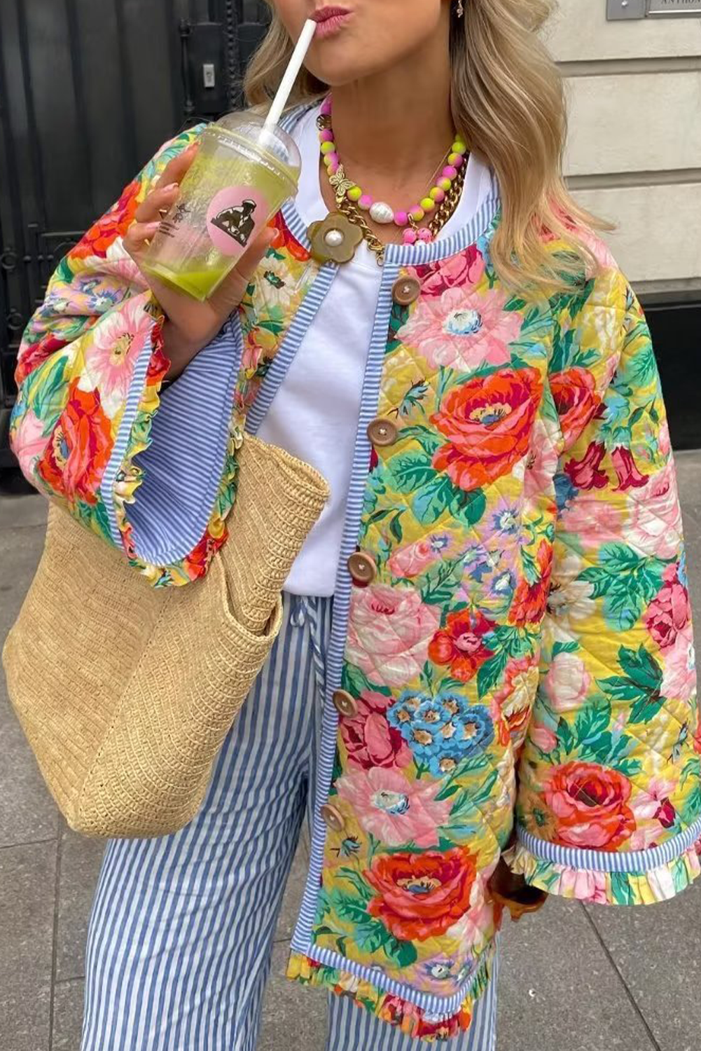 Red Floral Quilted Striped Trim Button Up Puffer Jackets - loveforevers