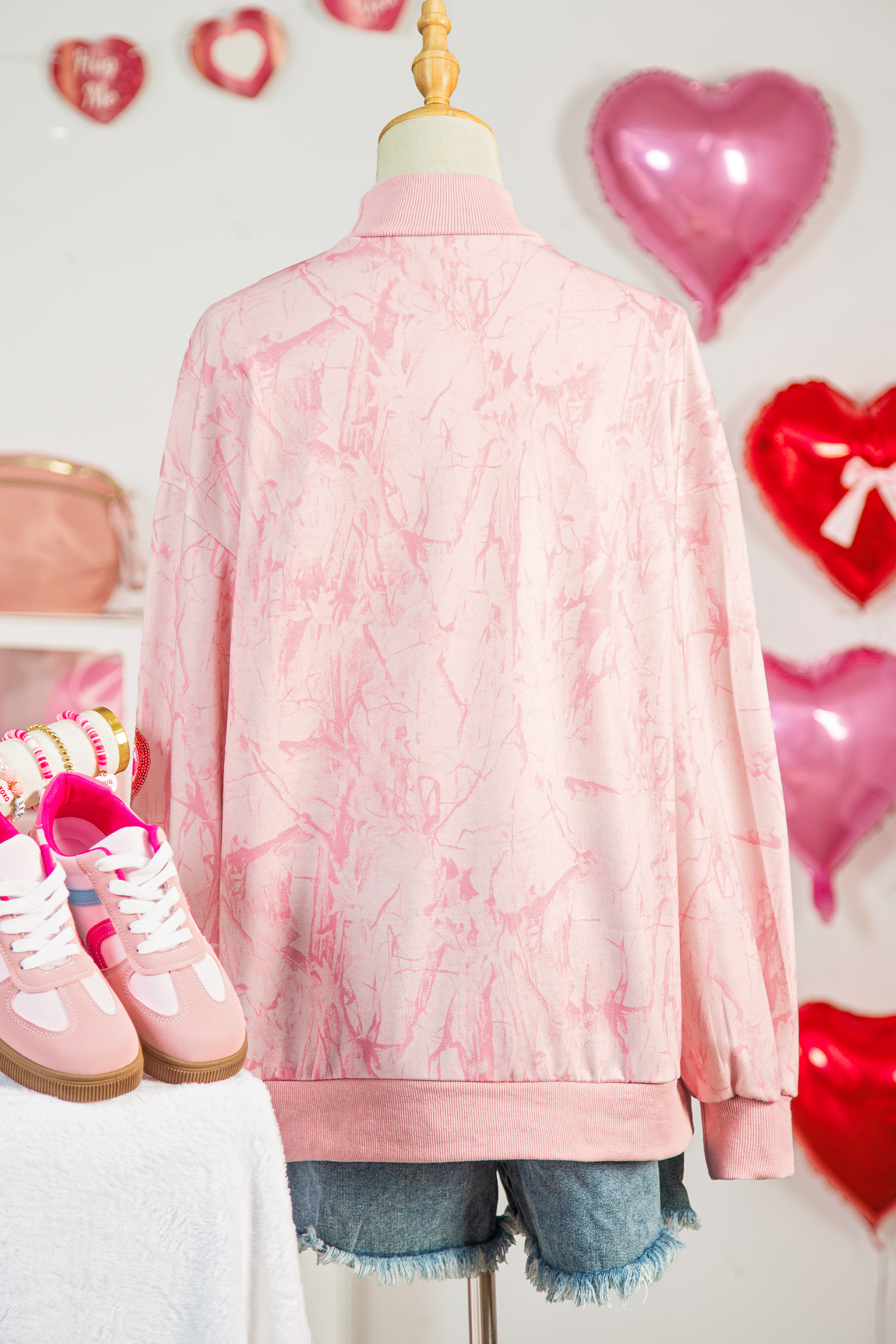 Pink Tie Dye Camo Sequin Love Heart Patched Mock Neck Sweatshirt - loveforevers