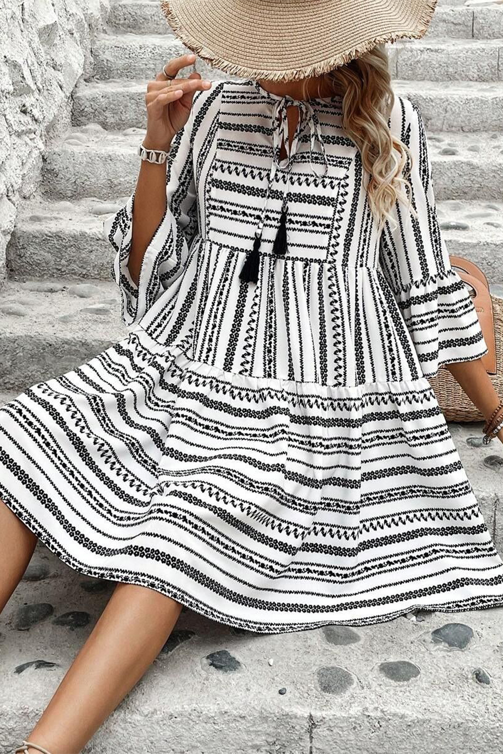 Black Stripe V Neck Bell Sleeve High Waist Mini Dress - loveforevers