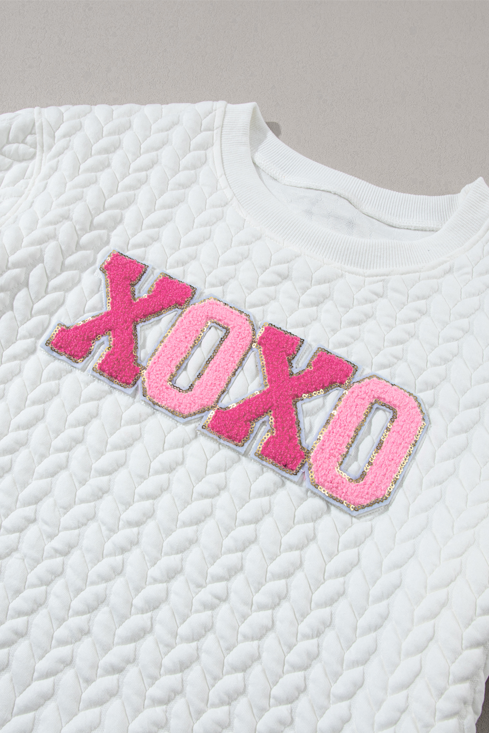 White LOVE Chenille Embroidered Cable Knit Pullover Sweatshirt - loveforevers