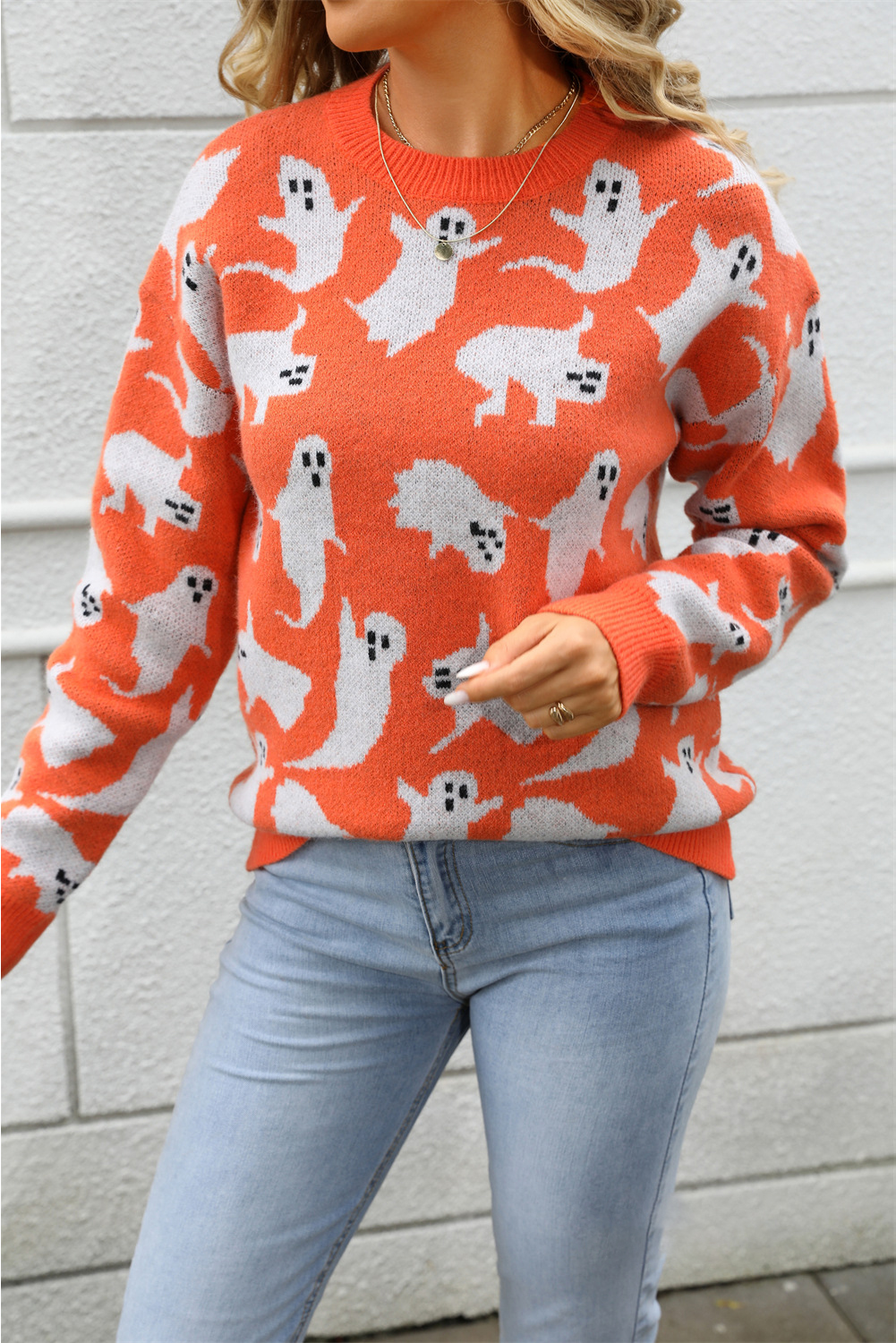 Black Halloween Ghost Allover Drop Shoulder Holiday Sweater - loveforevers