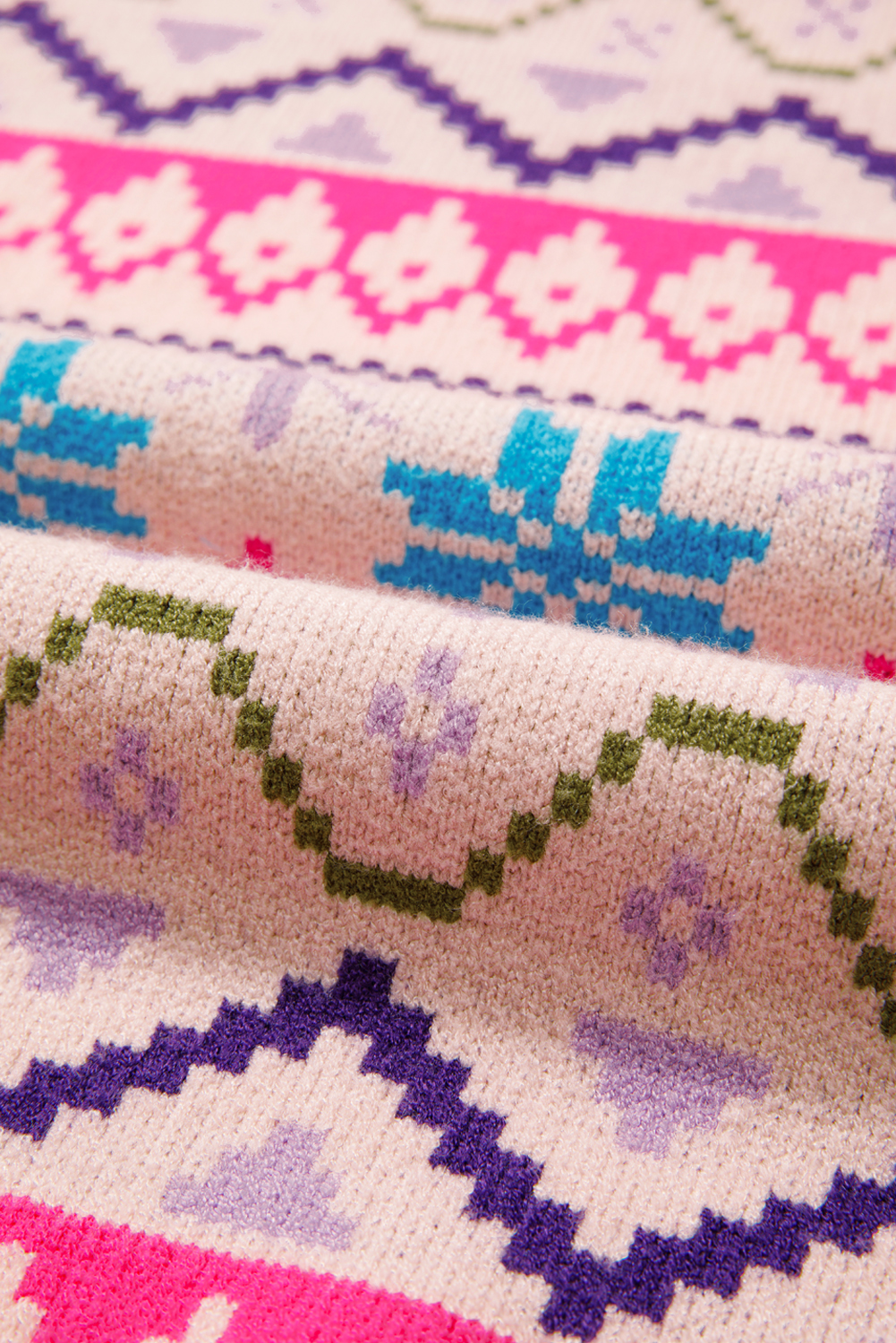 Multicolour Ethnic Christmas Pattern Knit Feather Cuffed Sweater - loveforevers