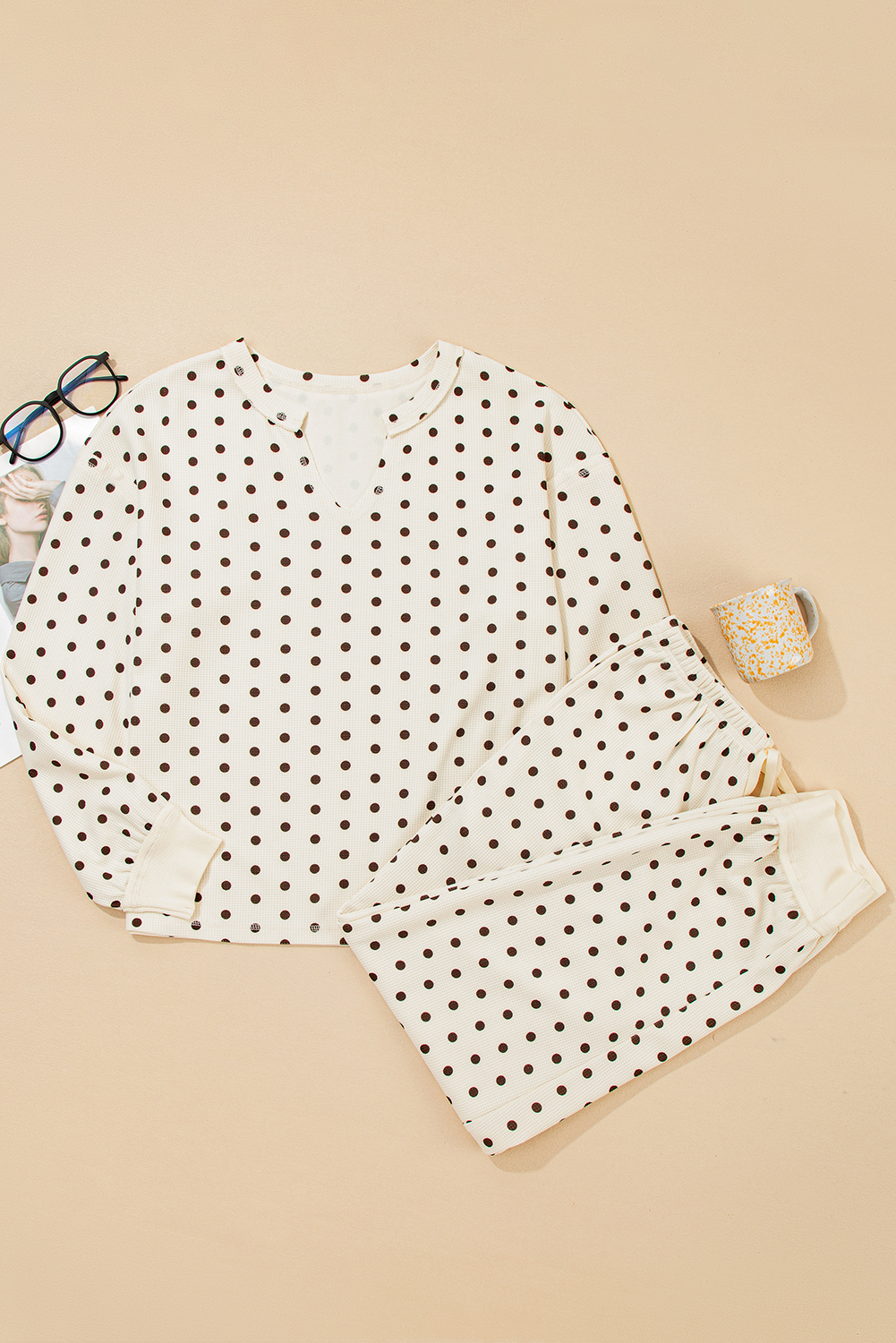 White Polka Dot Print Notched Neck Long Sleeve Top Drawstring Jogger Pants Waffle Knit Lounge Set - loveforevers
