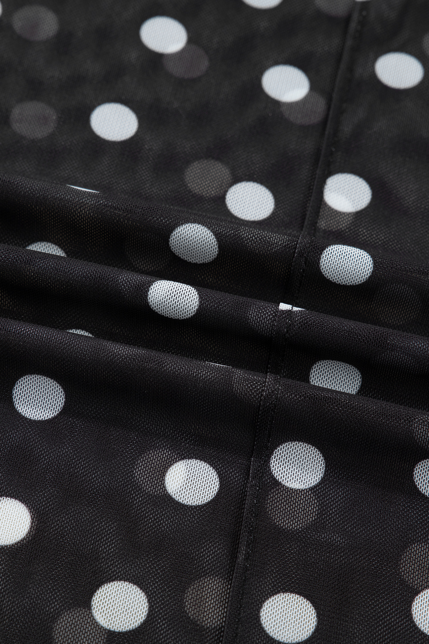 Black Polka Dot Patterned Bodycon Mock Neck Mesh Long Sleeve Top - loveforevers
