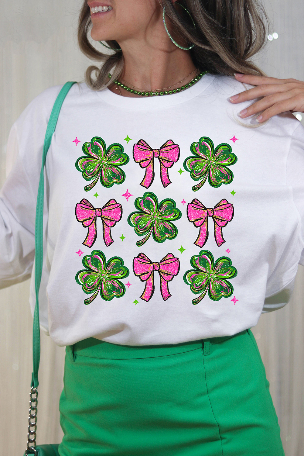 White St Patrick Shamrock Bowknot Printed Crewneck Tee - loveforevers