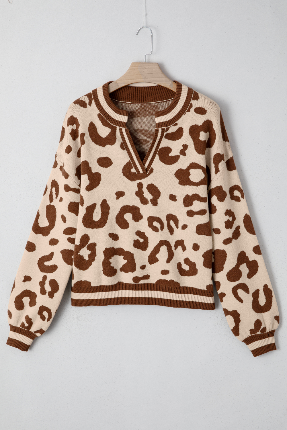 Light French Beige Leopard Printed Knit V Neck Casual Sweater - loveforevers