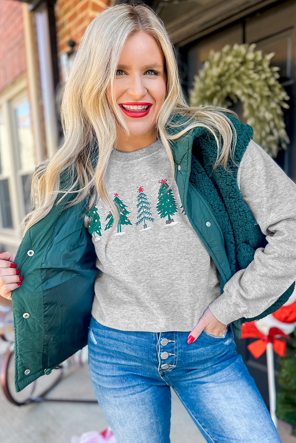 Gray 2-side Printed Christmas Tree Letter Graphic Sweatshirt - loveforevers